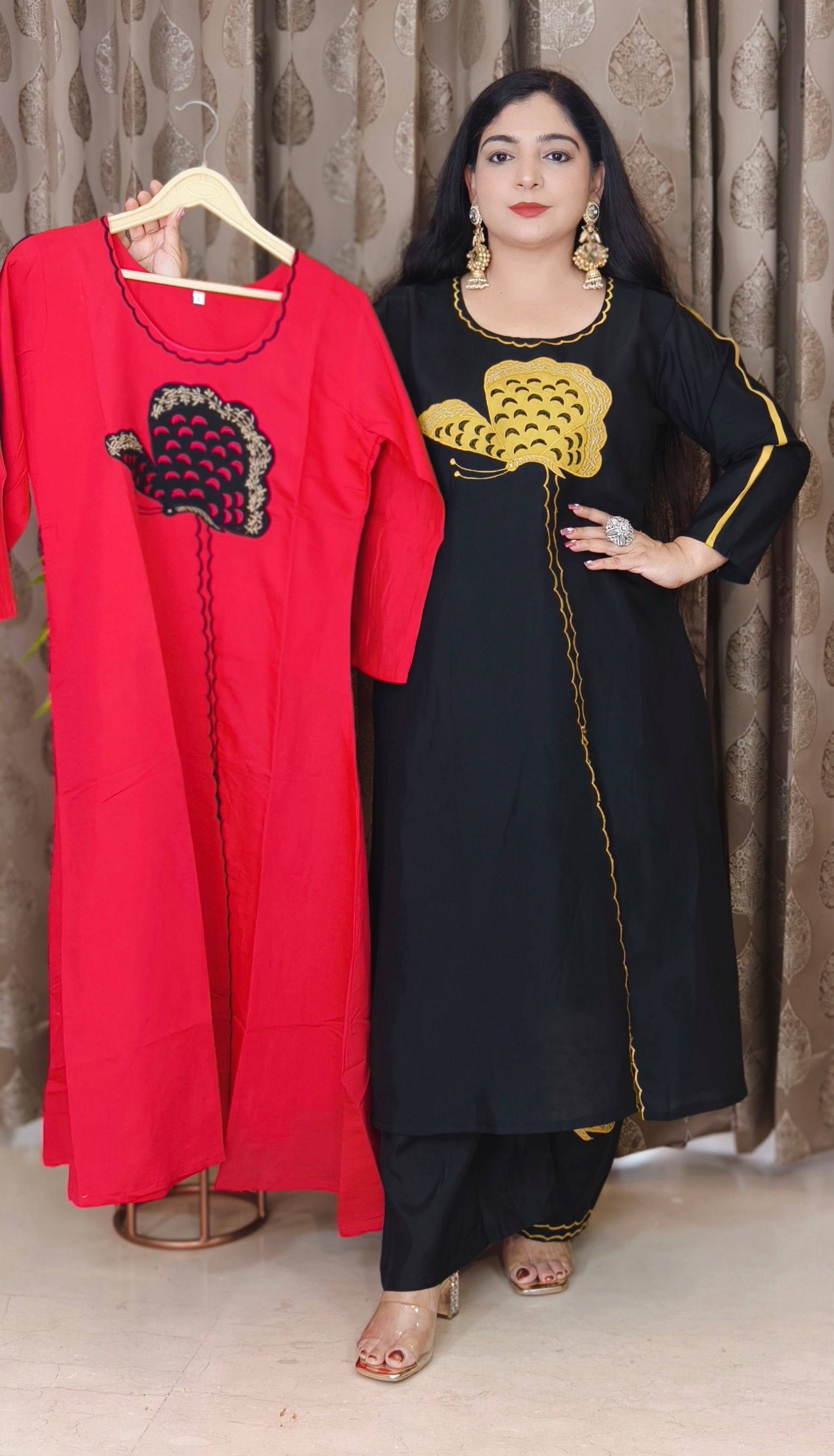 BLACK AND RED MODAL COTTON LONG COORDSET WITH  DESIGNER PLAZO