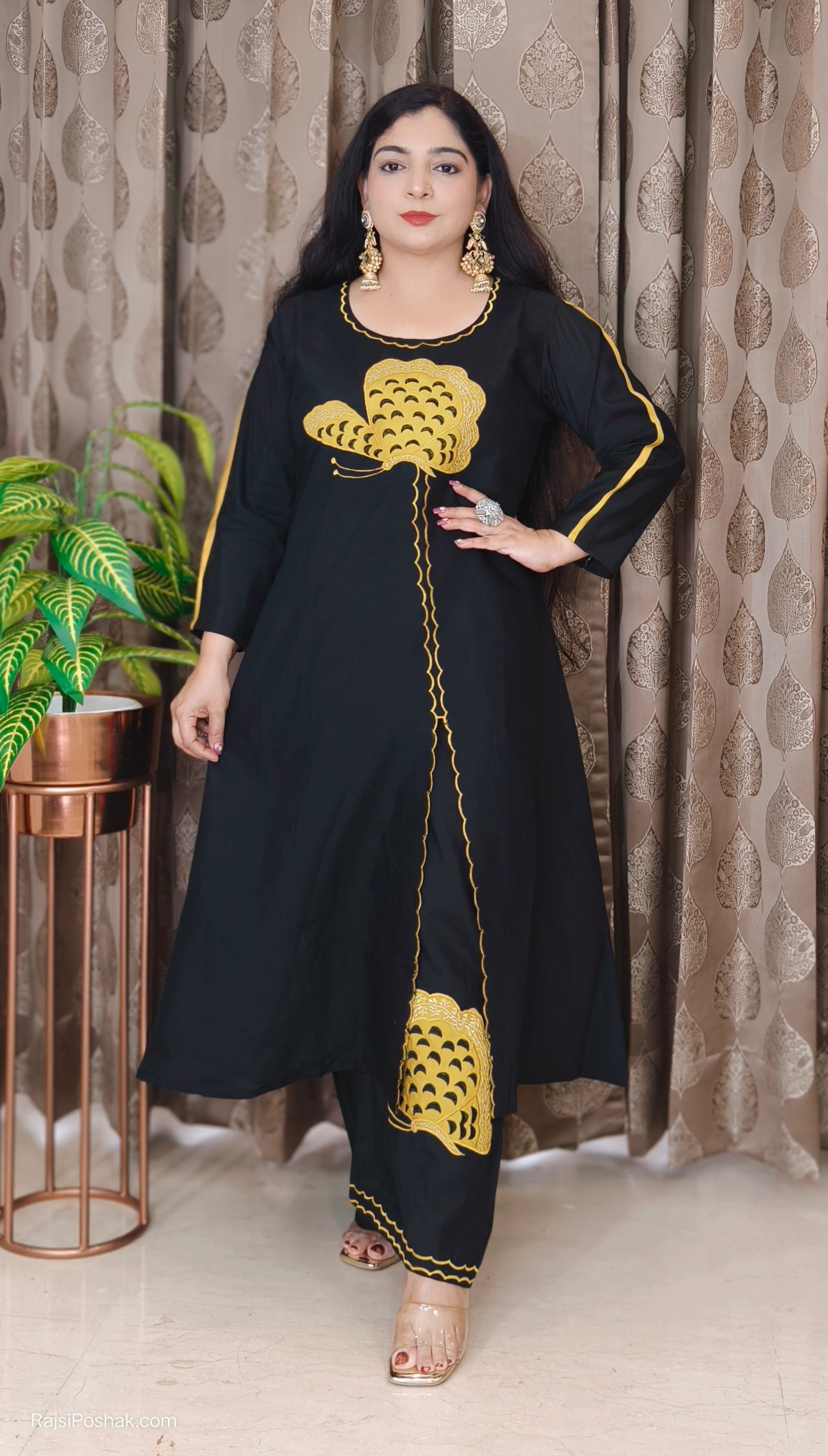 BLACK AND RED MODAL COTTON LONG COORDSET WITH  DESIGNER PLAZO