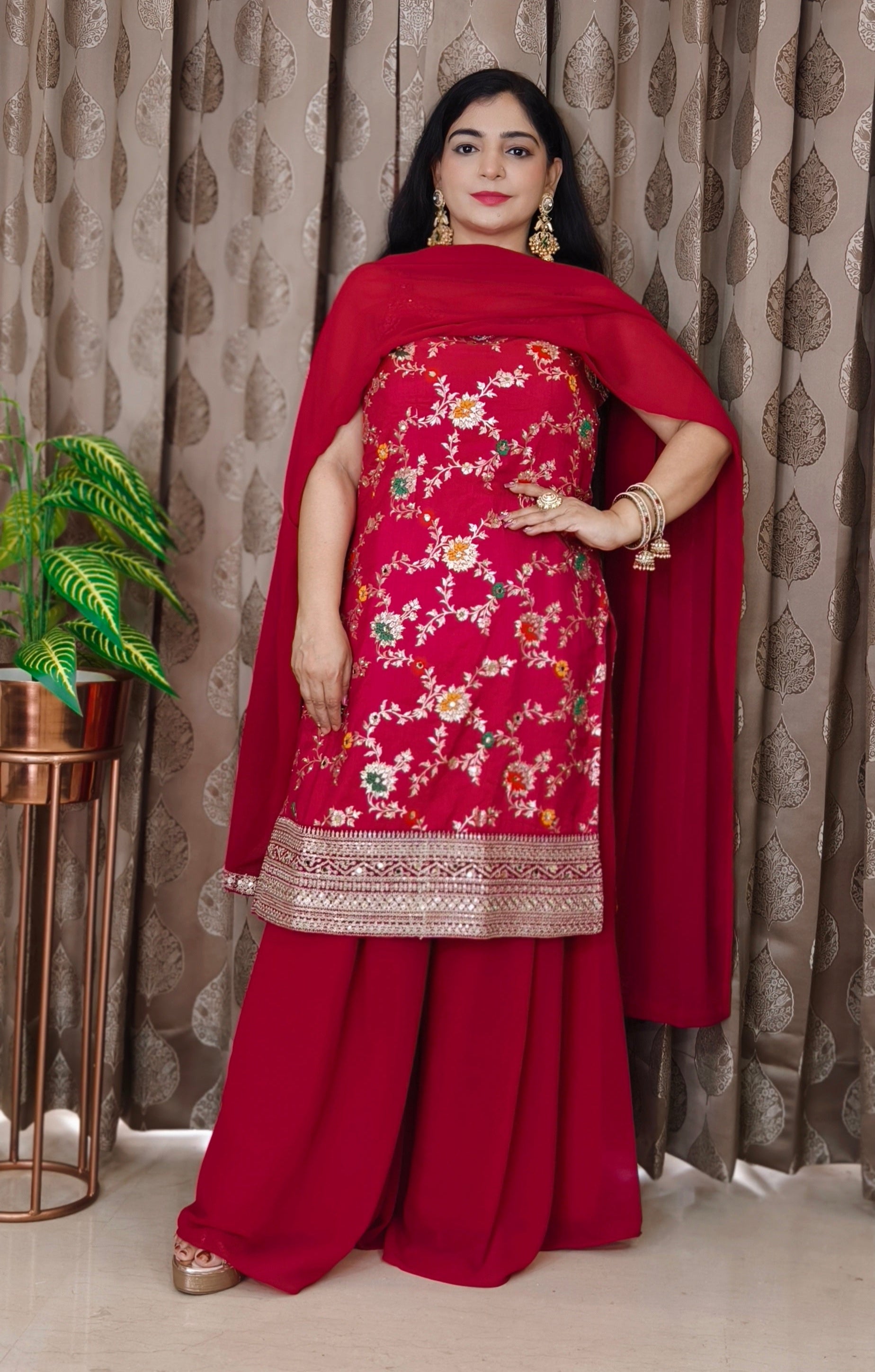 HOT PIN AND BLACK PARTY WEAR SHARARA KURTI SET WITH STYLISH  DUPATTA