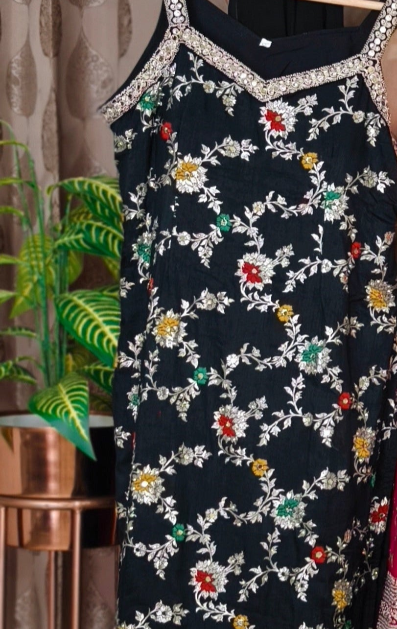 HOT PIN AND BLACK PARTY WEAR SHARARA KURTI SET WITH STYLISH  DUPATTA