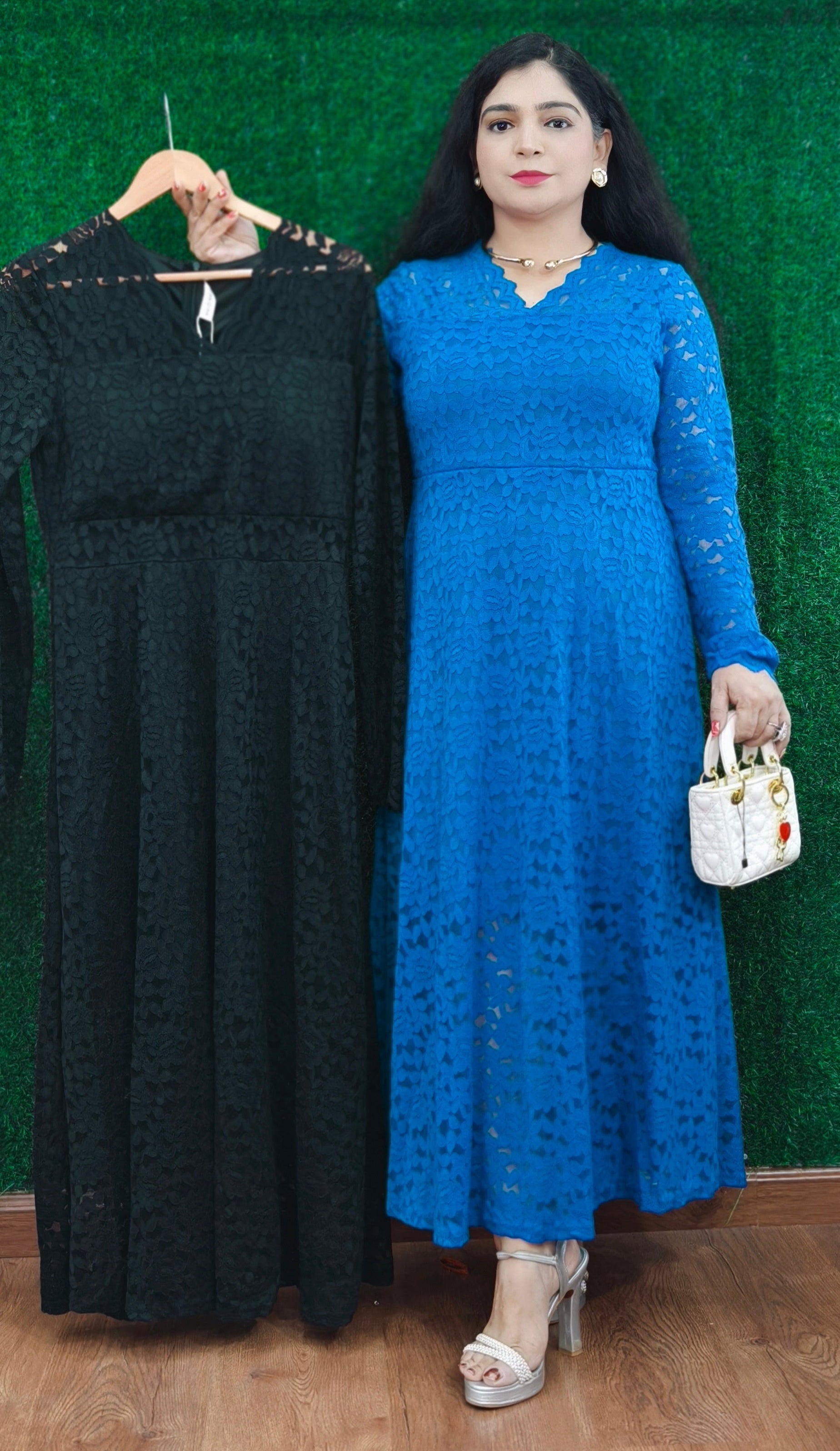 ROYAL BLUE,WINE AND BLACK IMPORTED FABRIC ONE PC DRESS WITH BELT