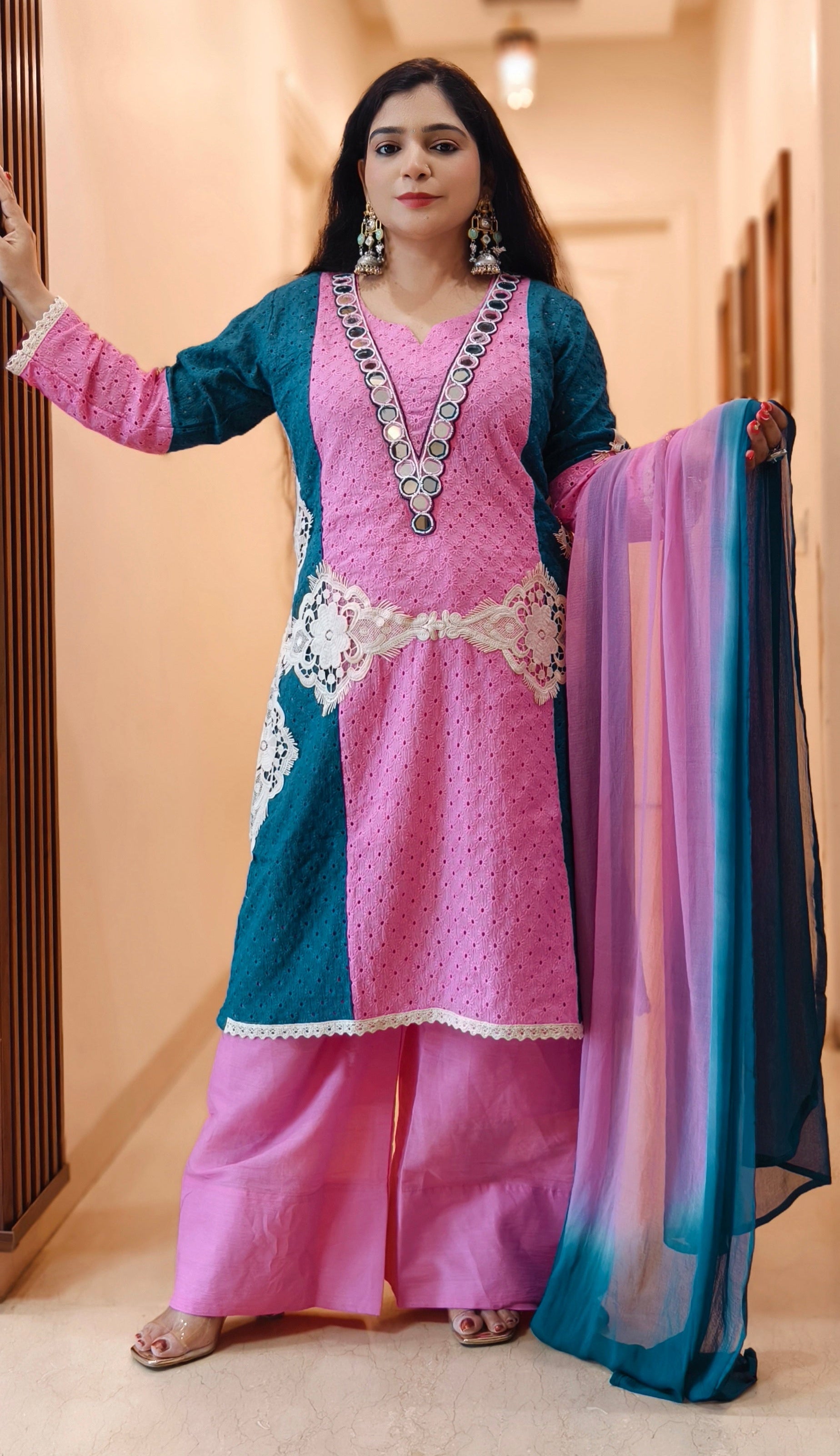 PURPLE/BLUE AND PURPLE/YELLOW PREMIUM SHIFALI COTTON EMBRORAIRED SUIT WITH COTTON PANT