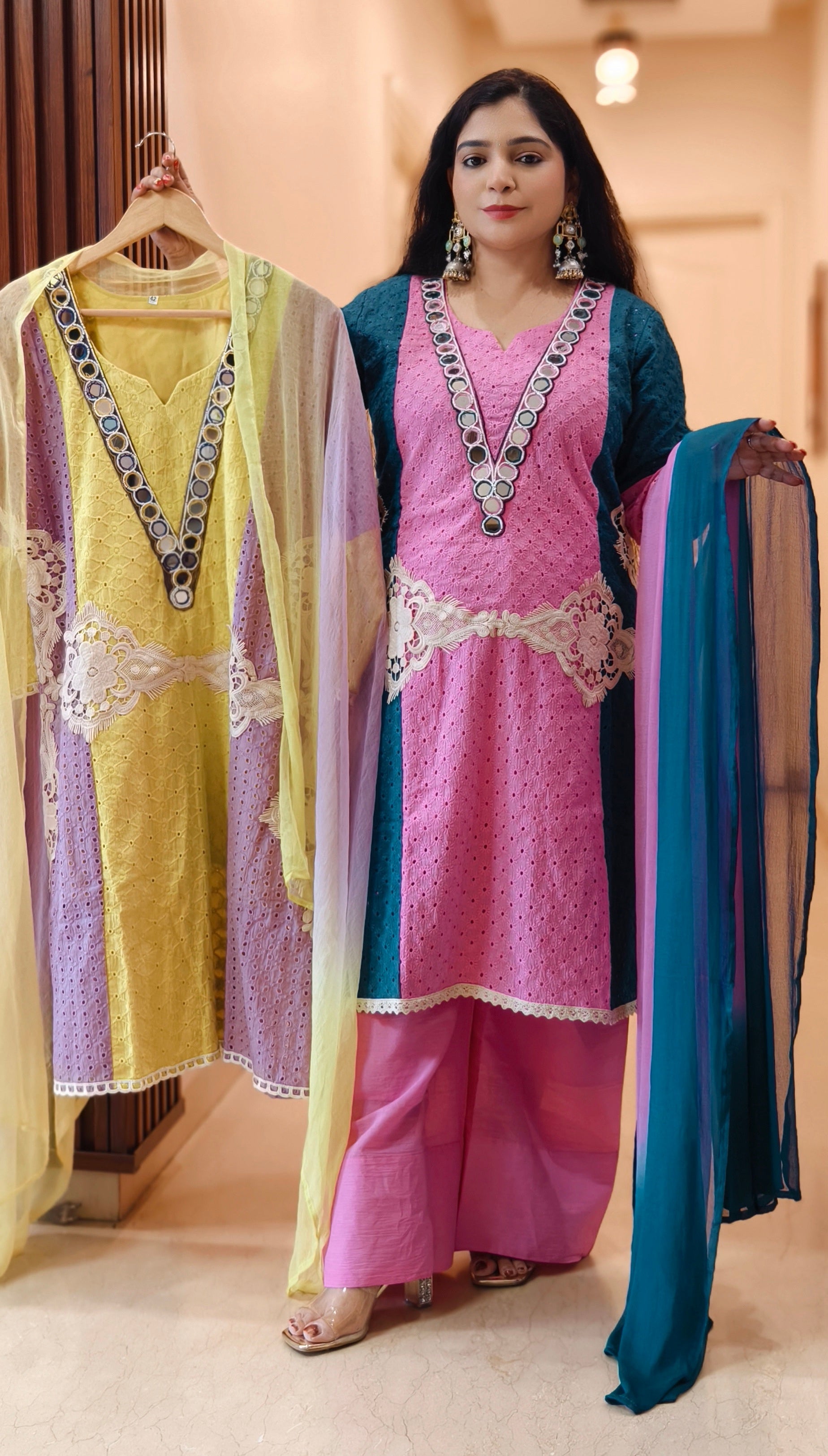 PURPLE/BLUE AND PURPLE/YELLOW PREMIUM SHIFALI COTTON EMBRORAIRED SUIT WITH COTTON PANT