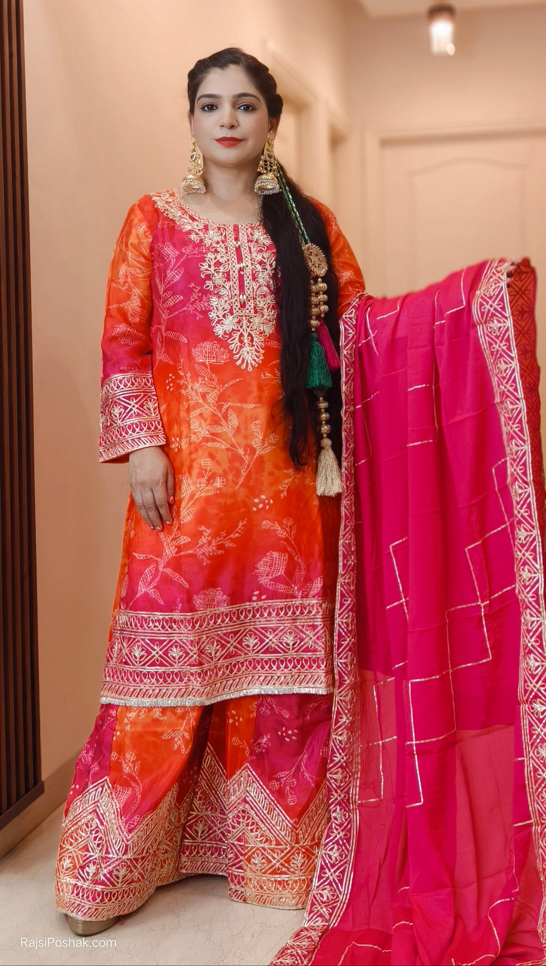 ORANGE/PINK AND SKYBLUE/GREEN PREMIUM CREPE KURTI WITH SARARA AND GOTA PATTI WORK