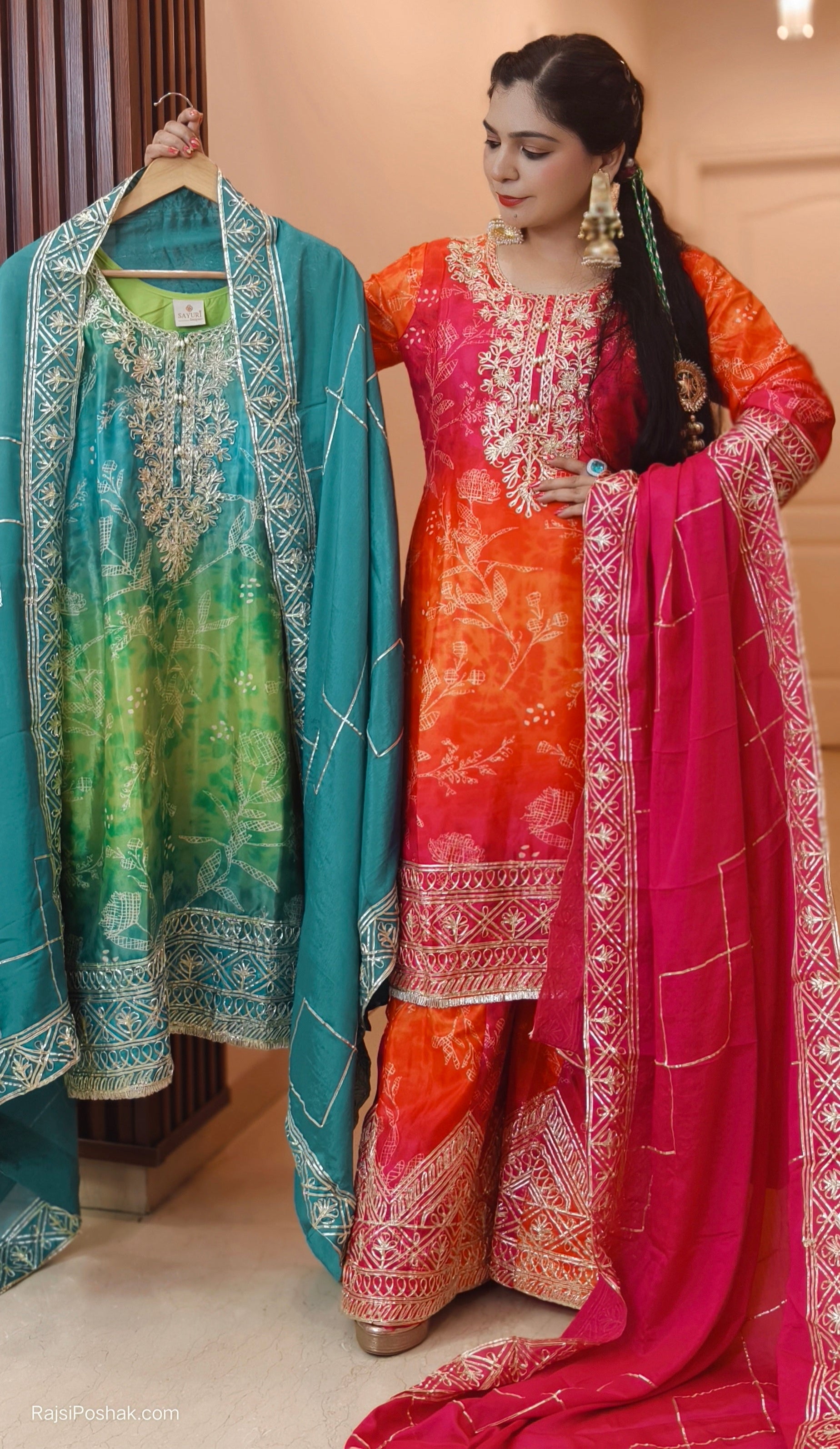 ORANGE/PINK AND SKYBLUE/GREEN PREMIUM CREPE KURTI WITH SARARA AND GOTA PATTI WORK