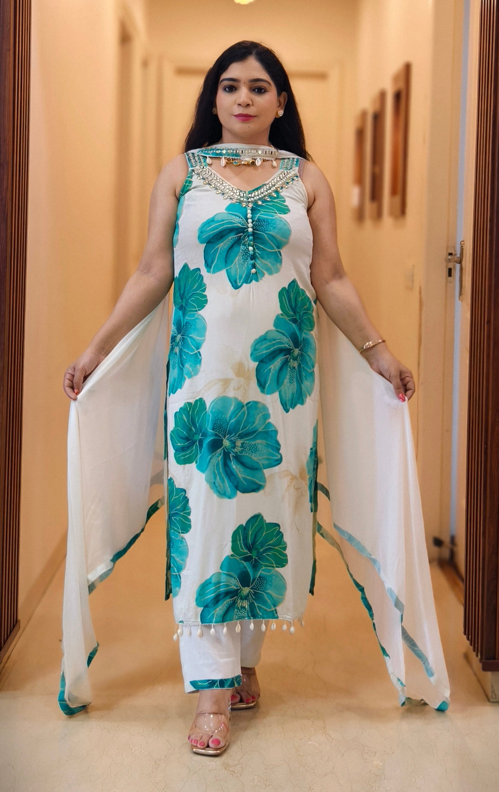 GREEN AND RED PREMIUM REYON SLEEVELESS SUIT WITH HANDWORK & FLORAL PRINT