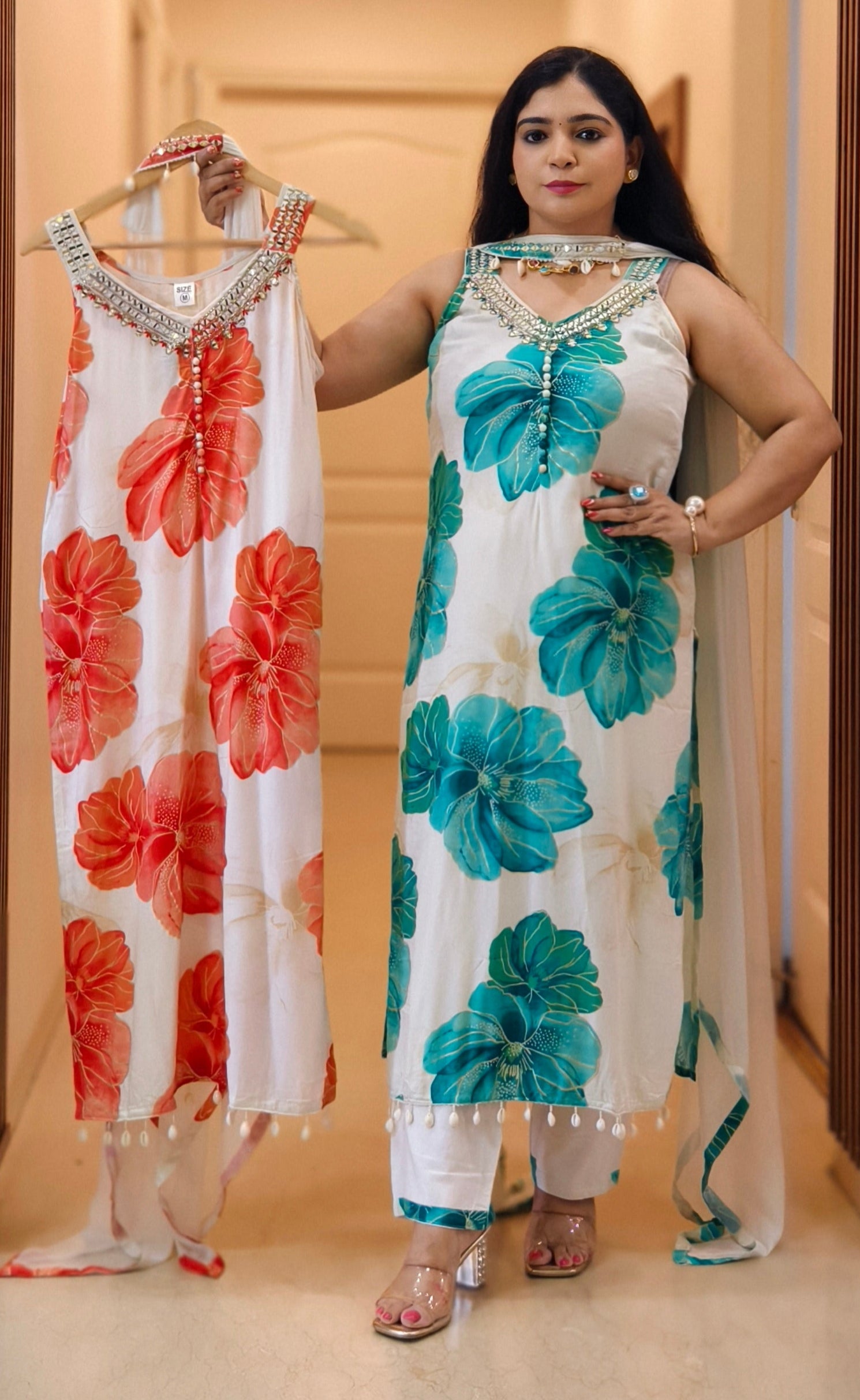 GREEN AND RED PREMIUM REYON SLEEVELESS SUIT WITH HANDWORK & FLORAL PRINT