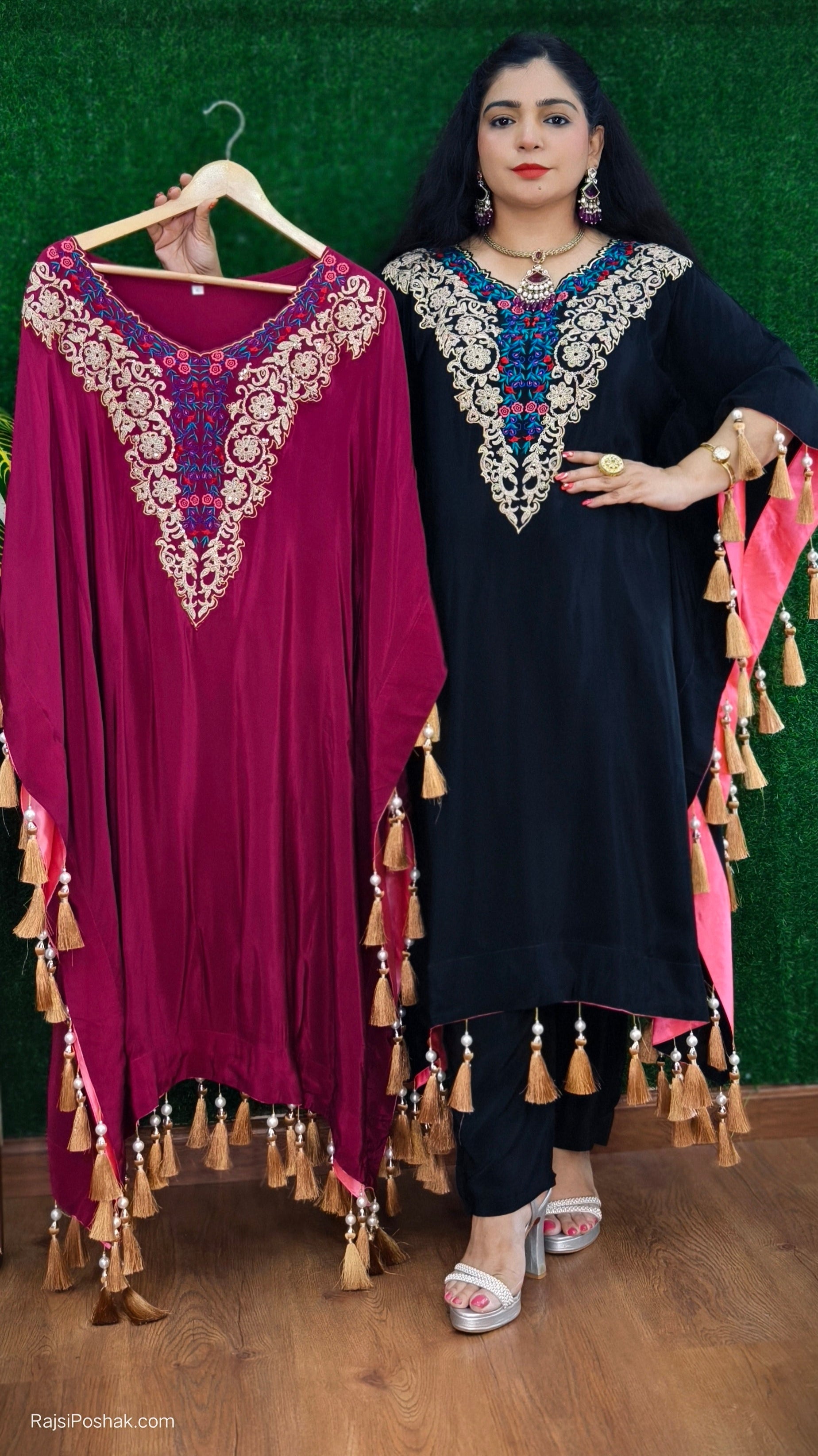 BLACK AND WINE PREMIUM CREPE DESIGNER PARTY WEAR  KAFTAN WITH FULL HANDWORK
