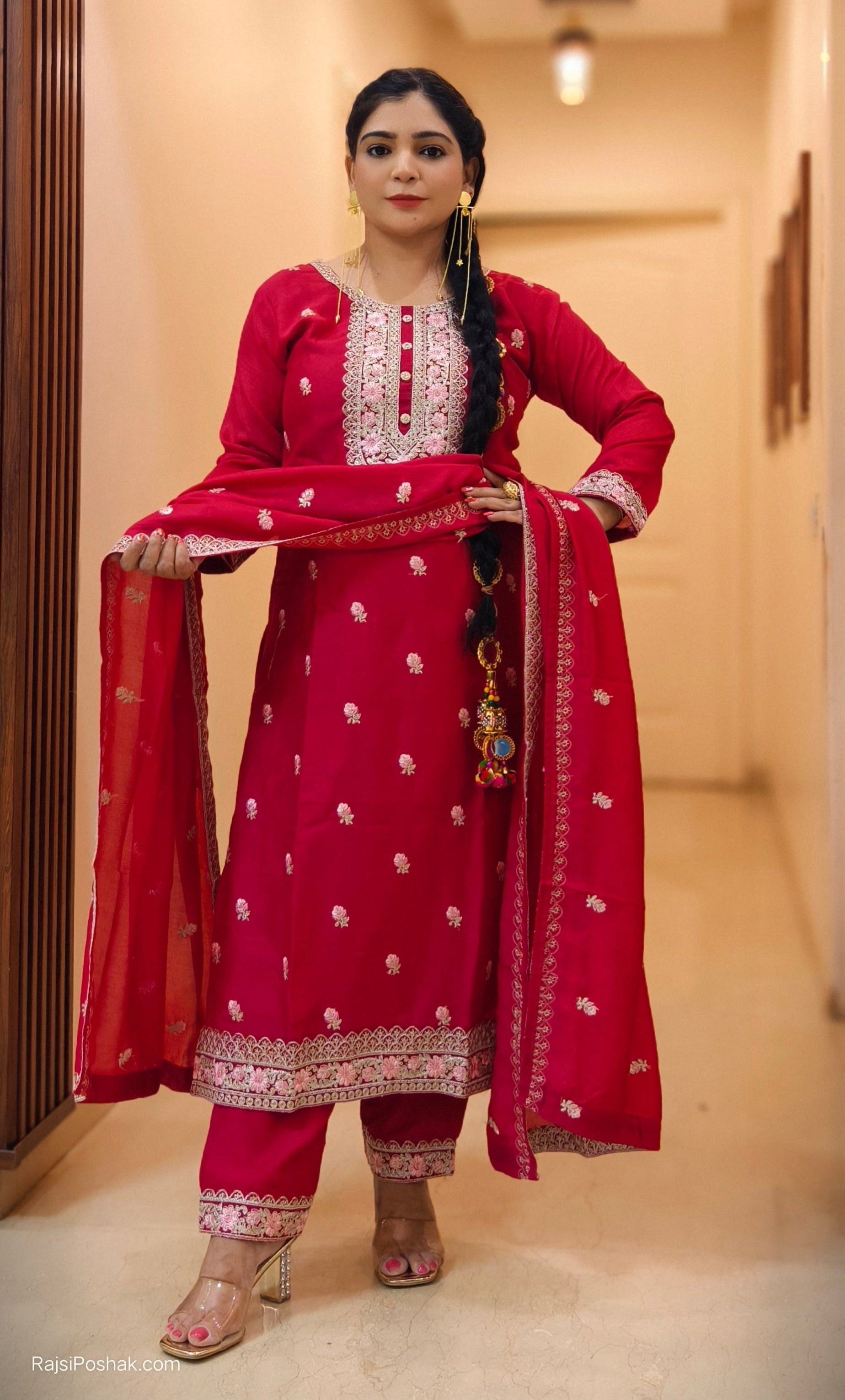 RED AND PINK CHINON FABRIC PARTY WEAR SUIT WITH PANT