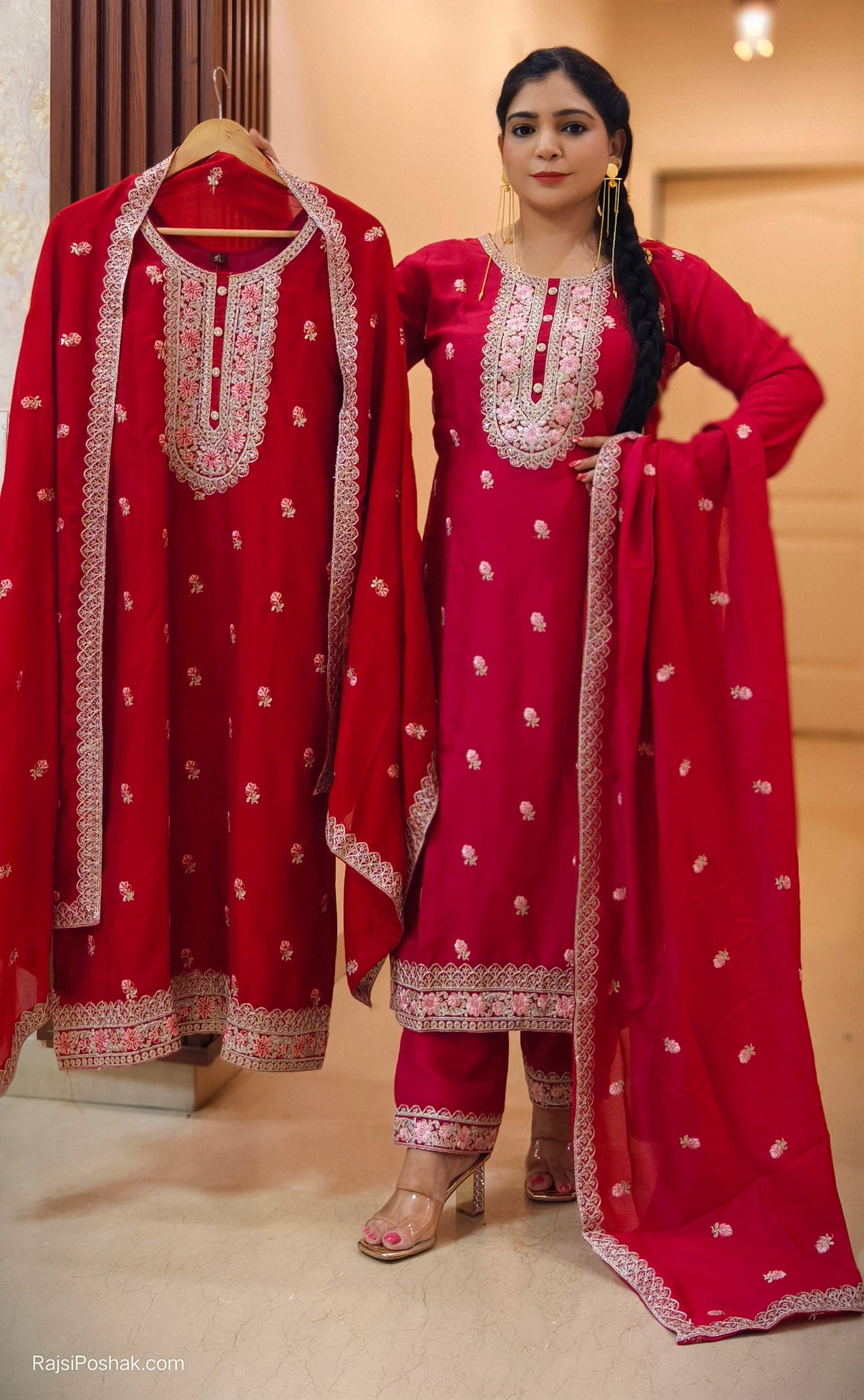 RED AND PINK CHINON FABRIC PARTY WEAR SUIT WITH PANT