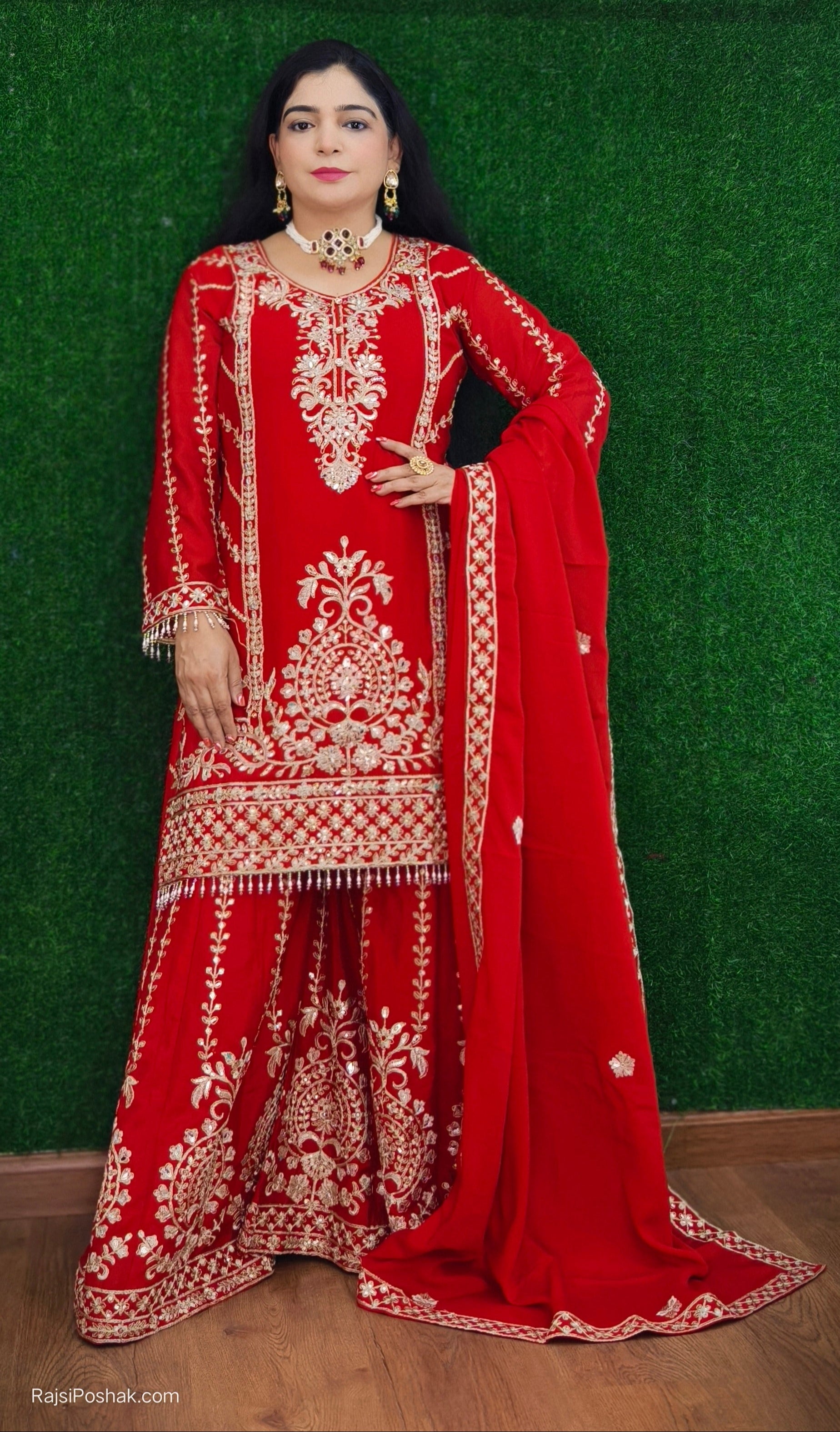RED AND HOT PINK PREMIUM CHINON SHARARA SUIT WITH ZARI AND SEQUENCE WORK AND FULL LINING