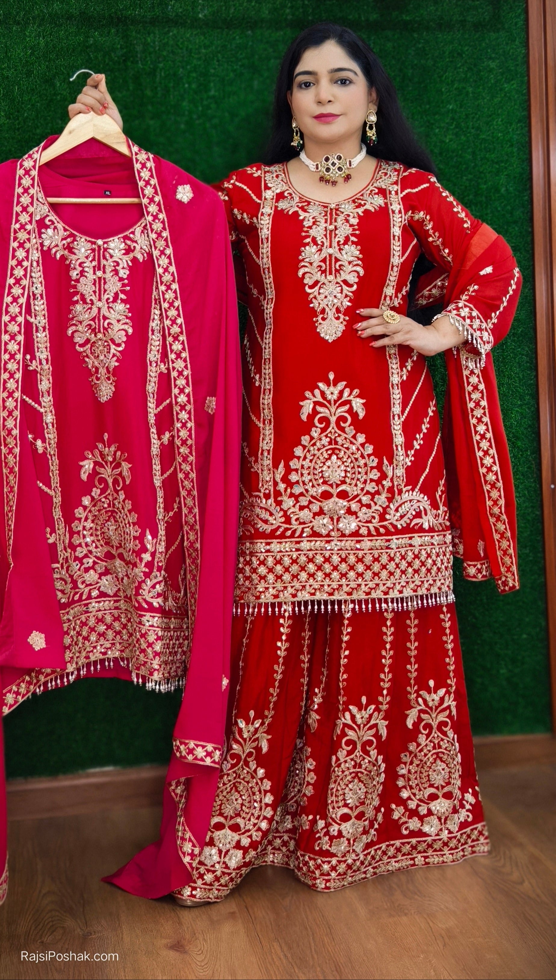 RED AND HOT PINK PREMIUM CHINON SHARARA SUIT WITH ZARI AND SEQUENCE WORK AND FULL LINING