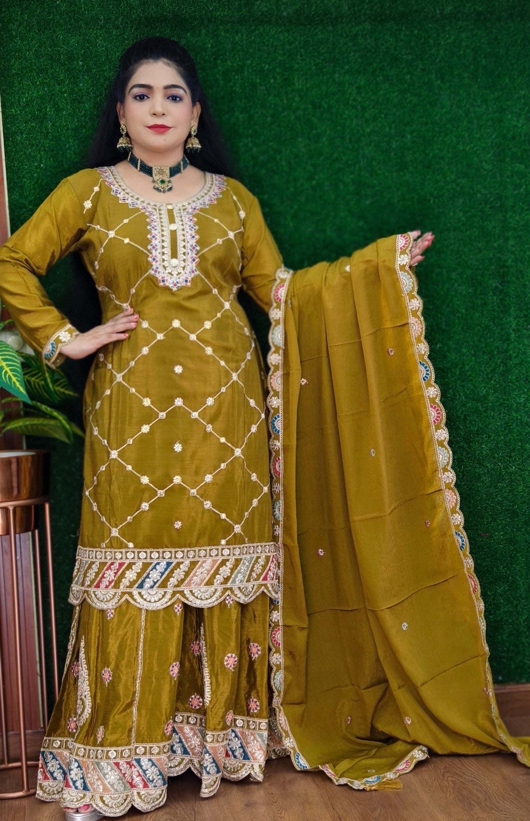 MEHANDI,WHITE,RAMA BLUE & ONION PINK PREMIUM CHINON SHARARA SUIT WITH ZARI AND SEQUENCE WORK AND FULL LINING