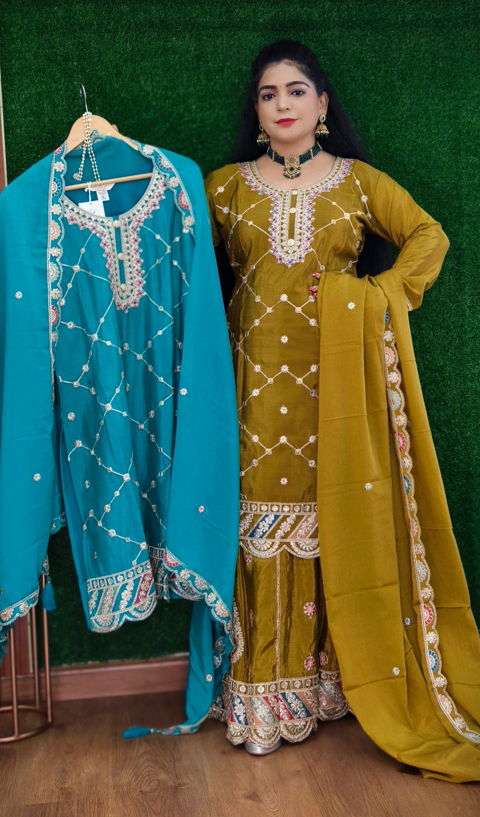 MEHANDI,WHITE,RAMA BLUE & ONION PINK PREMIUM CHINON SHARARA SUIT WITH ZARI AND SEQUENCE WORK AND FULL LINING