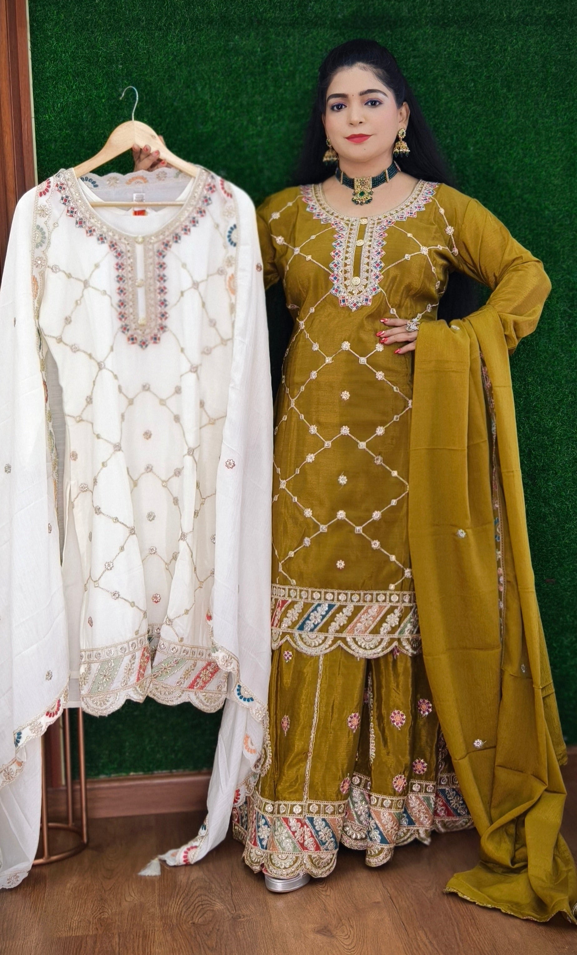 MEHANDI,WHITE,RAMA BLUE & ONION PINK PREMIUM CHINON SHARARA SUIT WITH ZARI AND SEQUENCE WORK AND FULL LINING
