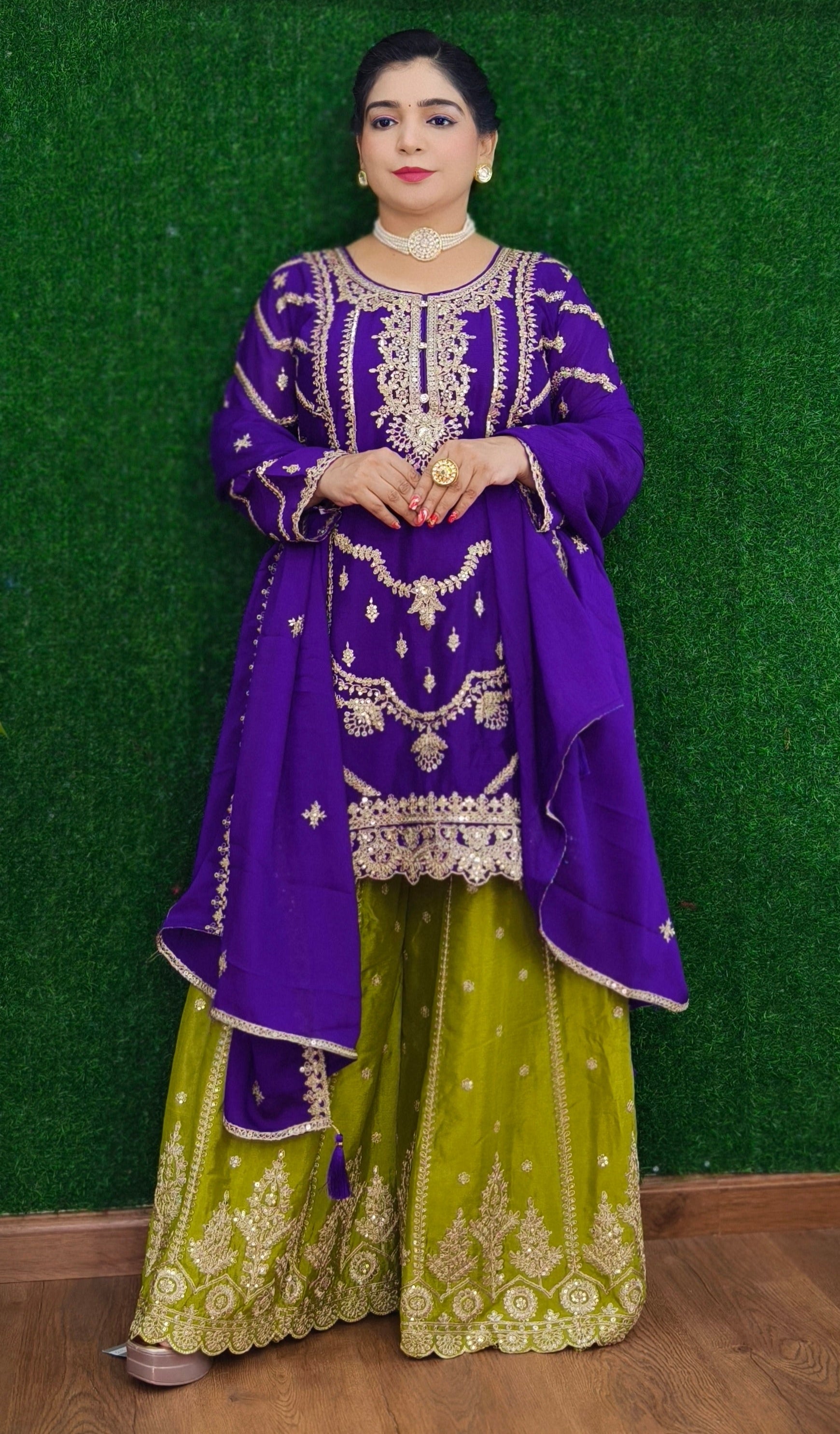 BLUE,ORANGE & PINK PREMIUM CHINON EMBRORAIRED SHARARA SUIT WITH FULL DUPATTA