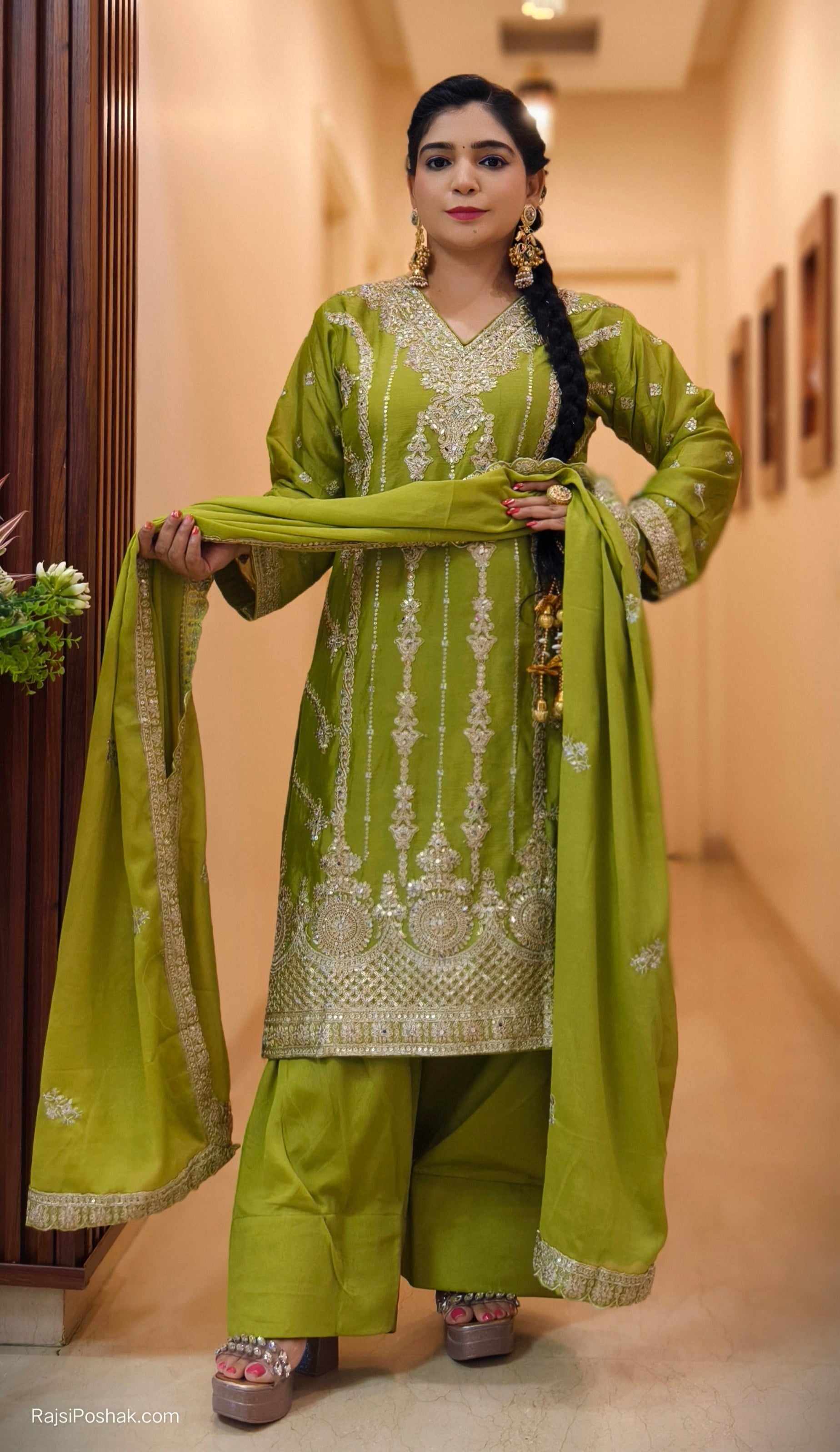 MEHANDI,RAMA BLUE, PINK & ORANGE PREMIUM CHINON FARSI SALWAR SUIT WITH ZARI AND SEQUENCE WORK AND FULL LINING