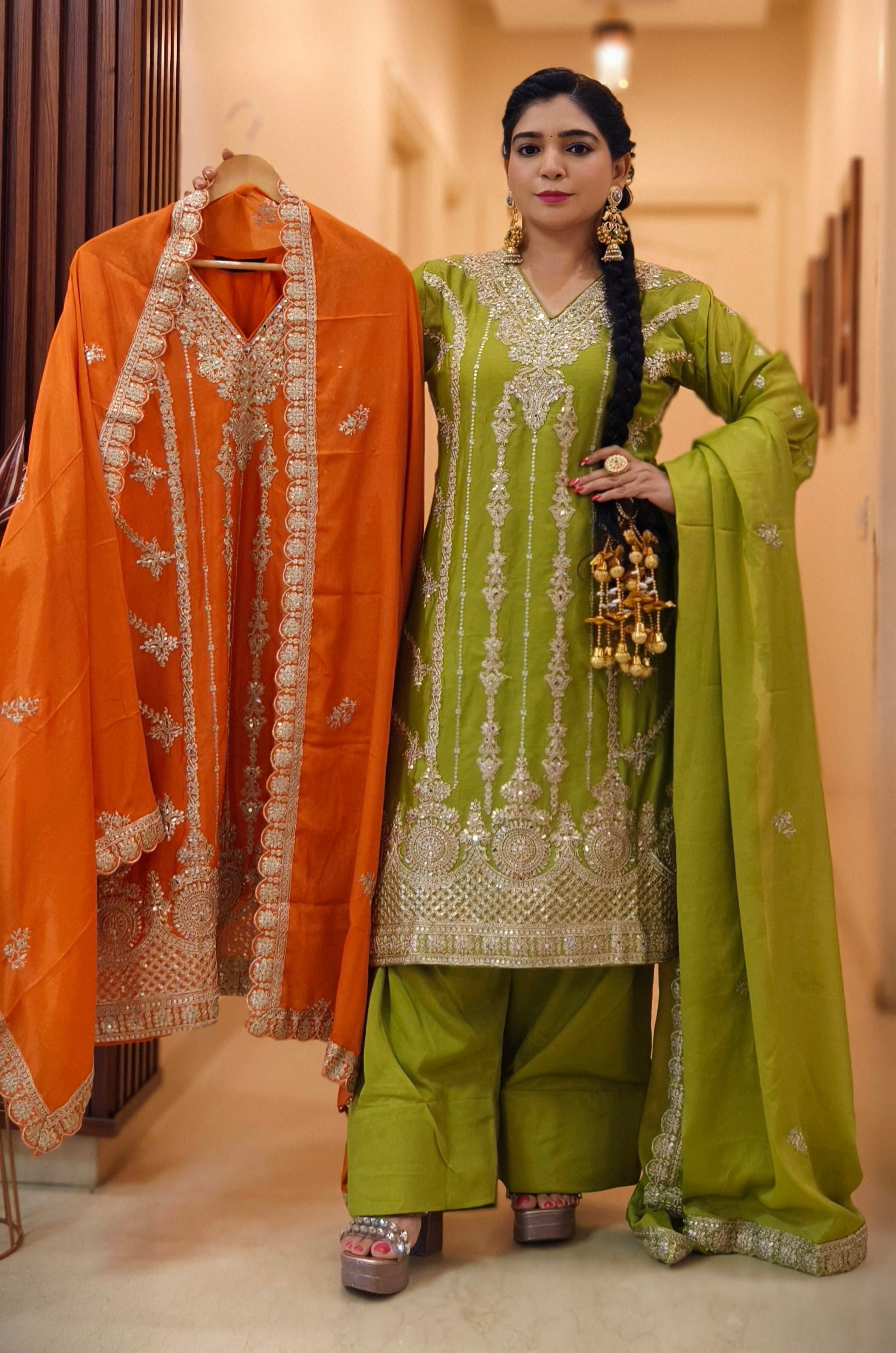 MEHANDI,RAMA BLUE, PINK & ORANGE PREMIUM CHINON FARSI SALWAR SUIT WITH ZARI AND SEQUENCE WORK AND FULL LINING