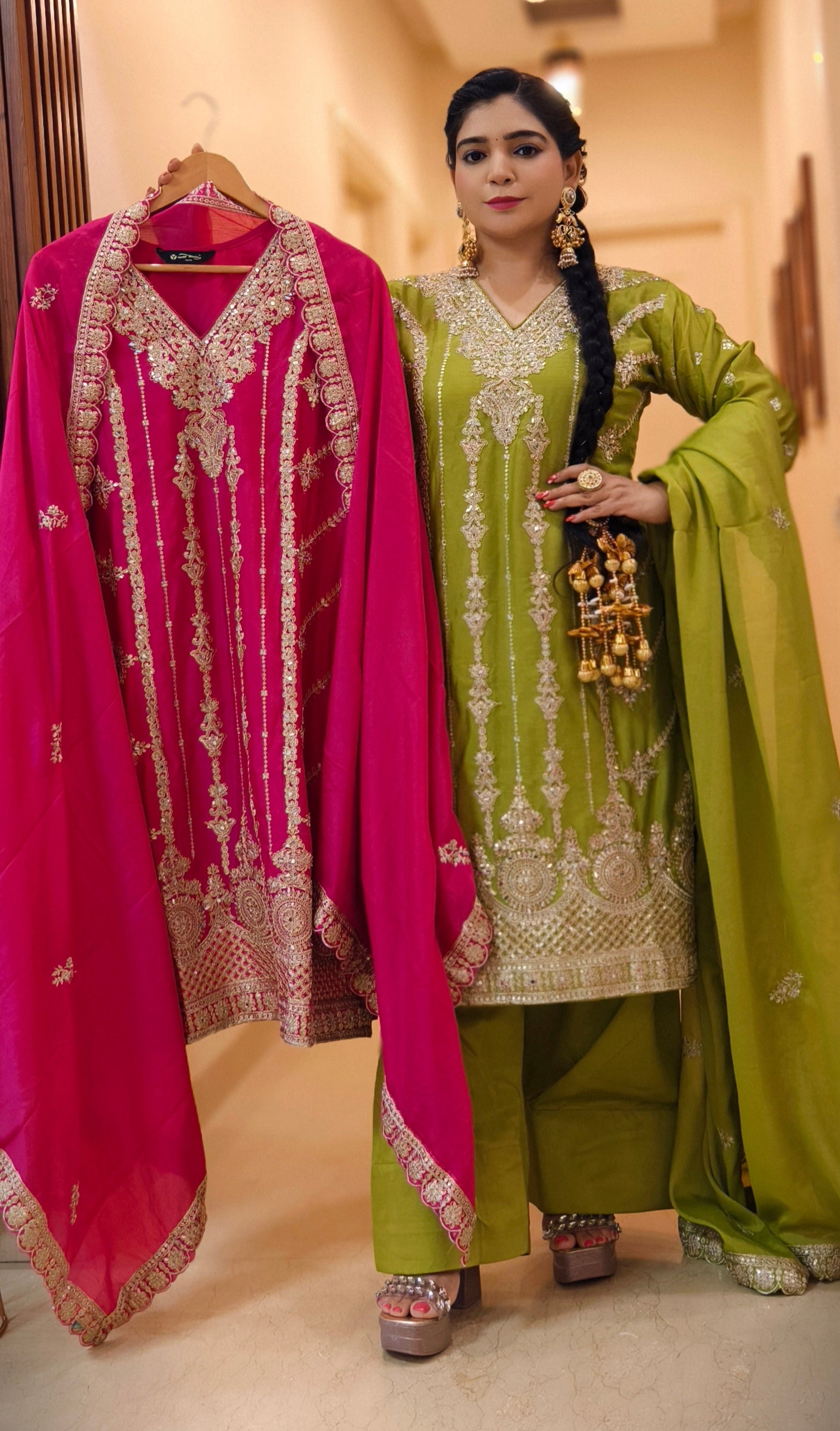 MEHANDI,RAMA BLUE, PINK & ORANGE PREMIUM CHINON FARSI SALWAR SUIT WITH ZARI AND SEQUENCE WORK AND FULL LINING