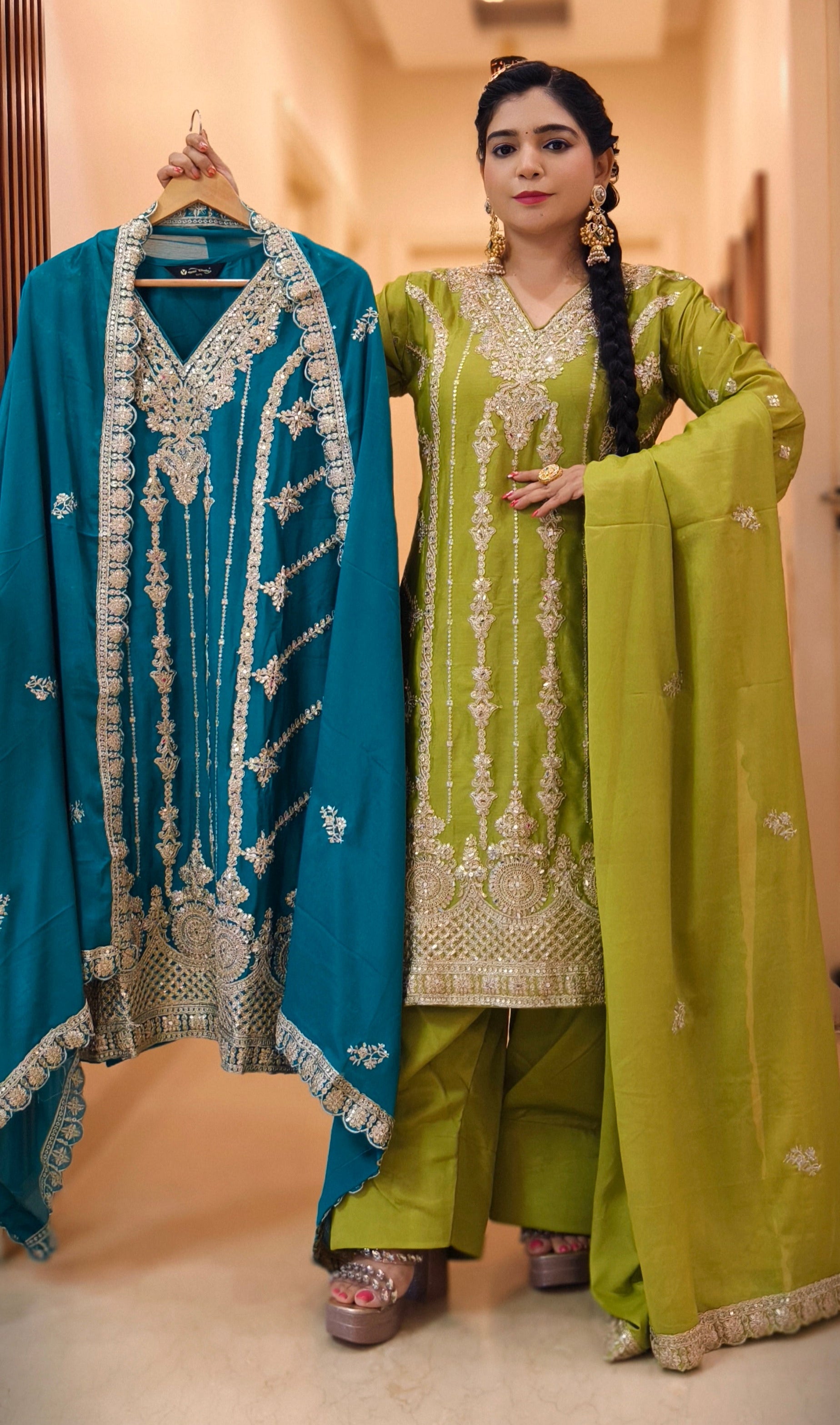 MEHANDI,RAMA BLUE, PINK & ORANGE PREMIUM CHINON FARSI SALWAR SUIT WITH ZARI AND SEQUENCE WORK AND FULL LINING