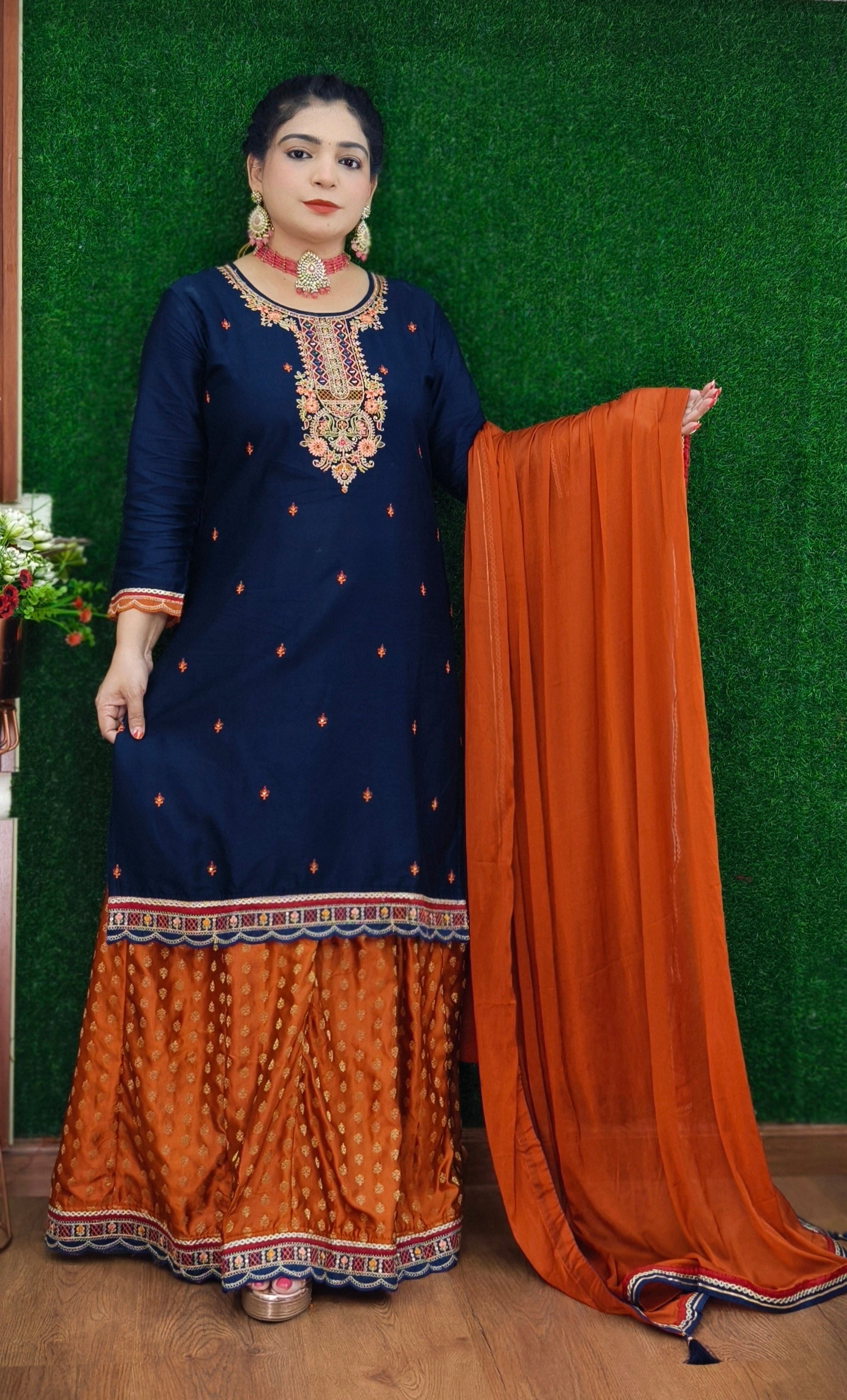 BLUE/ORANGE AND PINK/GREEN PREMIUM SILK KURTI WITH FLARED SKIRT AND HEAVY DUPATTA