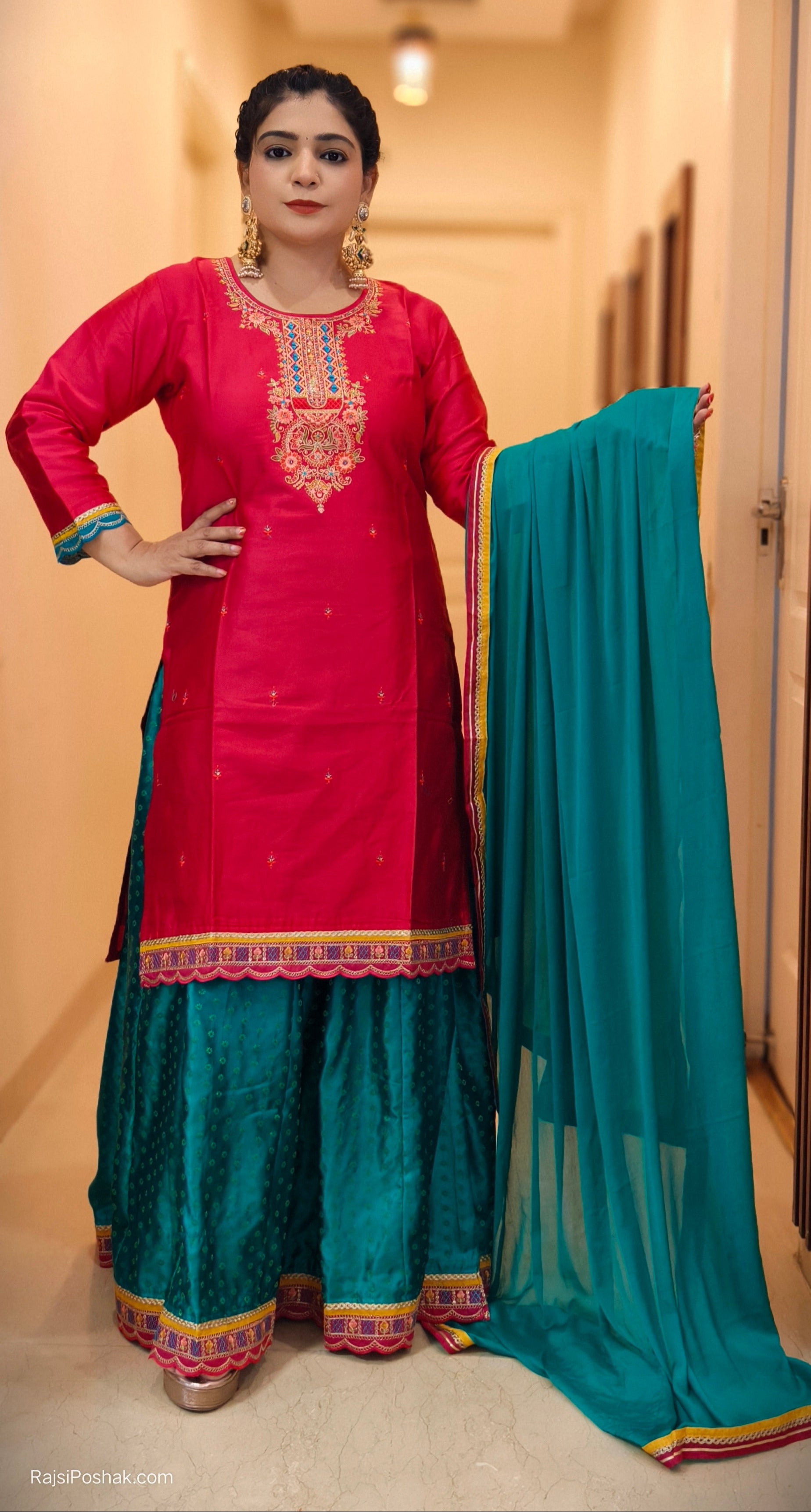BLUE/ORANGE AND PINK/GREEN PREMIUM SILK KURTI WITH FLARED SKIRT AND HEAVY DUPATTA
