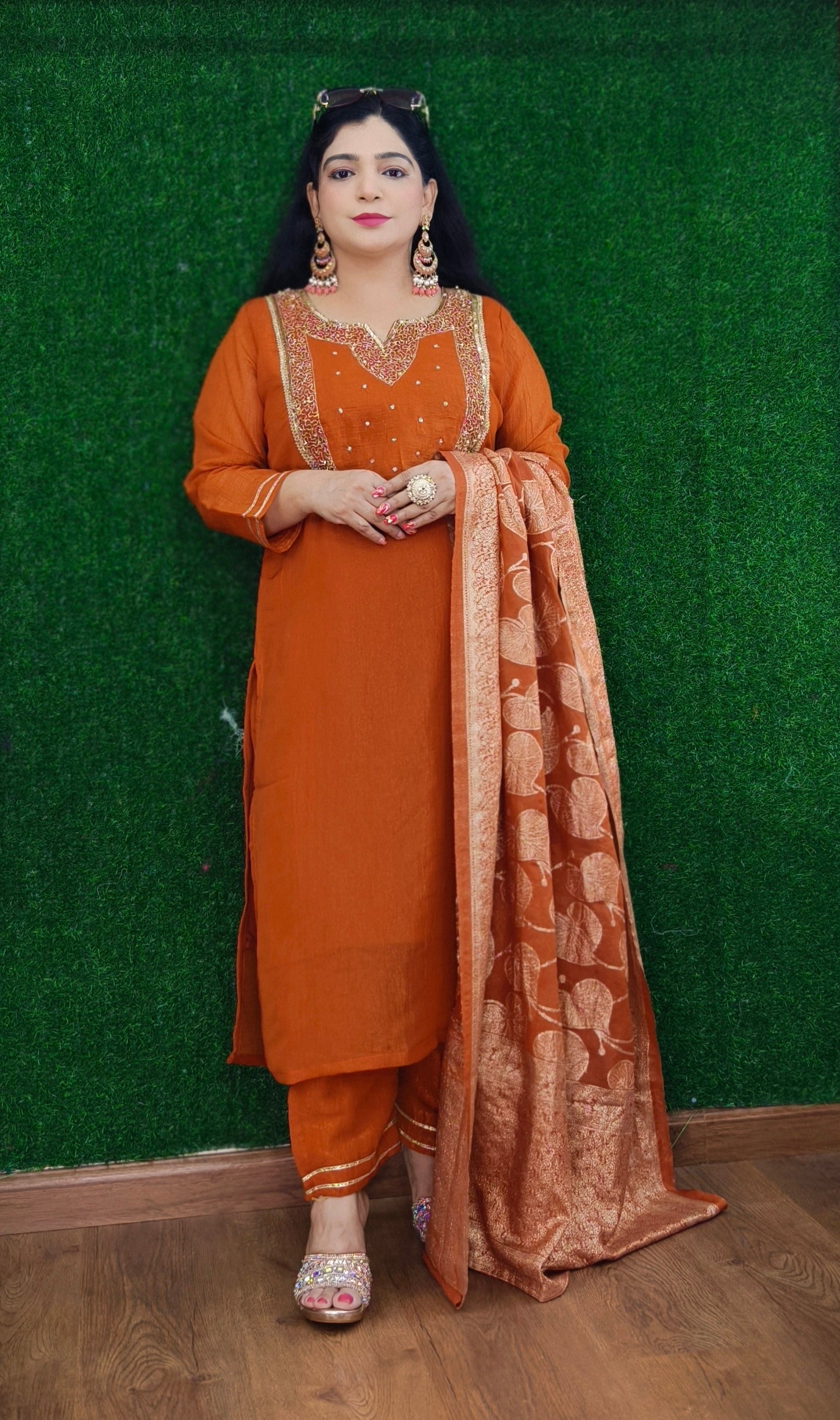 RUST,PURPLE AND IVORY PARTY WEAR TISSUE FABRIC SUIT WITH HEAVY DUPATTA