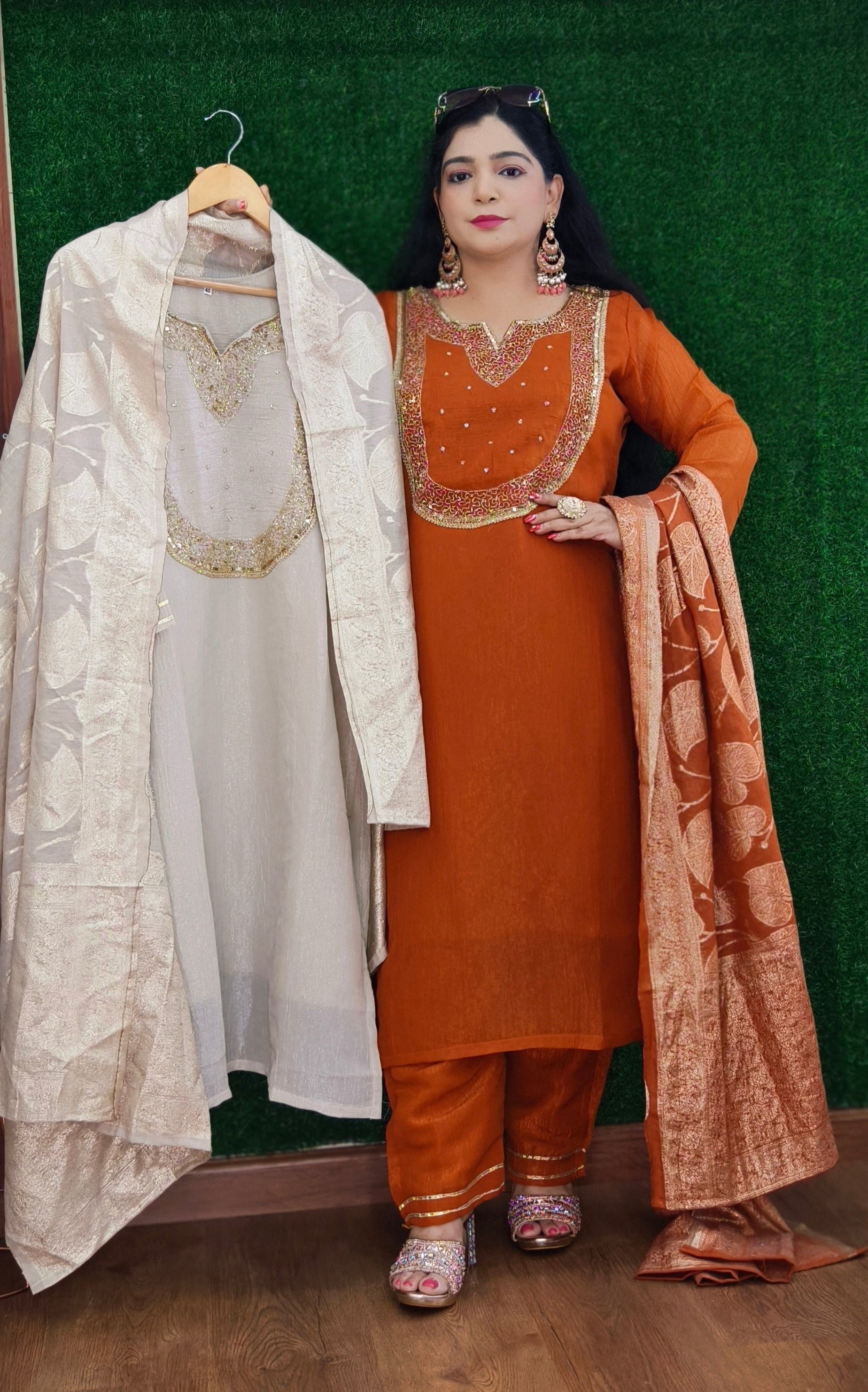 RUST,PURPLE AND IVORY PARTY WEAR TISSUE FABRIC SUIT WITH HEAVY DUPATTA