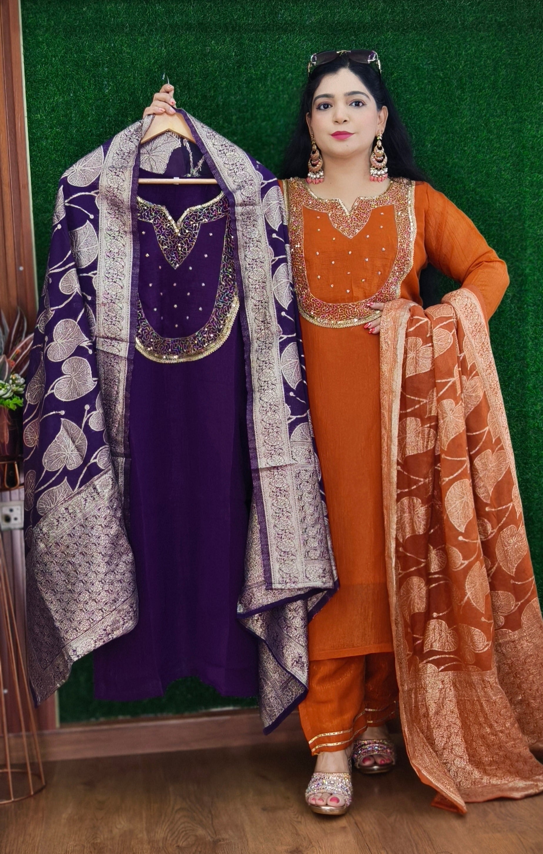RUST,PURPLE AND IVORY PARTY WEAR TISSUE FABRIC SUIT WITH HEAVY DUPATTA