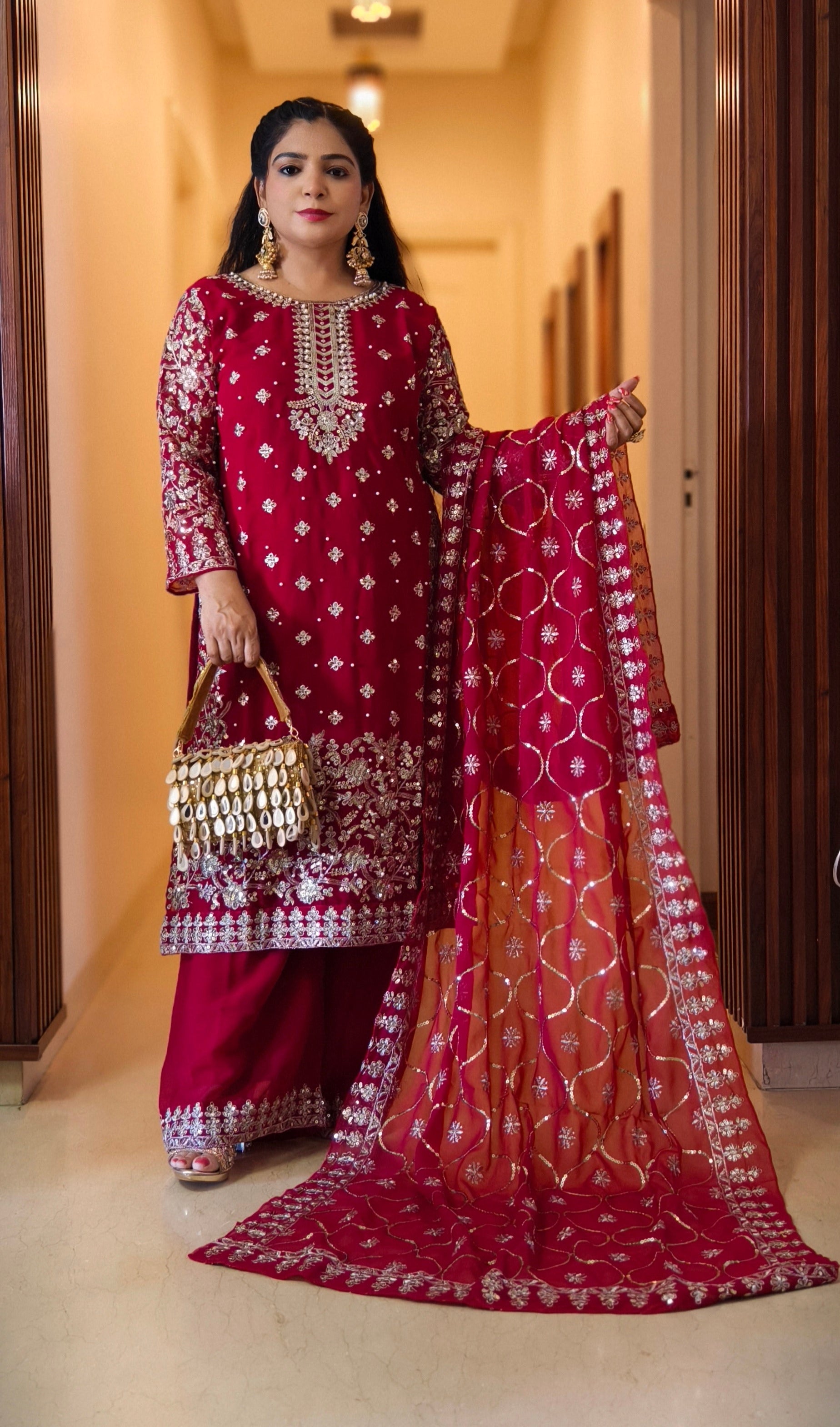 MAROON AND WINE PREMIUM GEORGETTE  DIVIDER SUIT WITH ZARI AND SEQUENCE WORK AND FULL LINING WITH LACE ACCESSORIES
