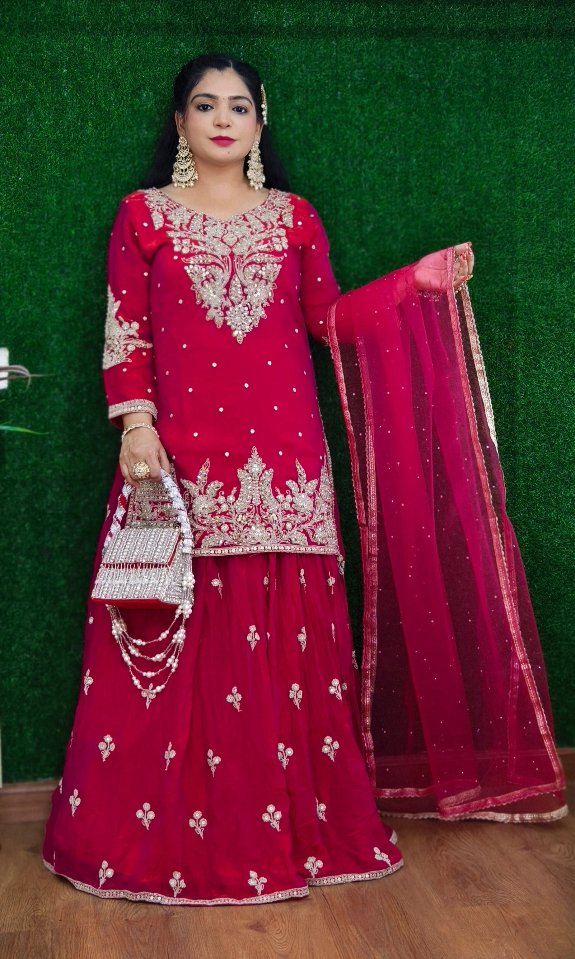 PINK AND RED PREMIUM CREPE PARTYWEAR SUIT WITH HEAVY DUPATTA AND SKIRT