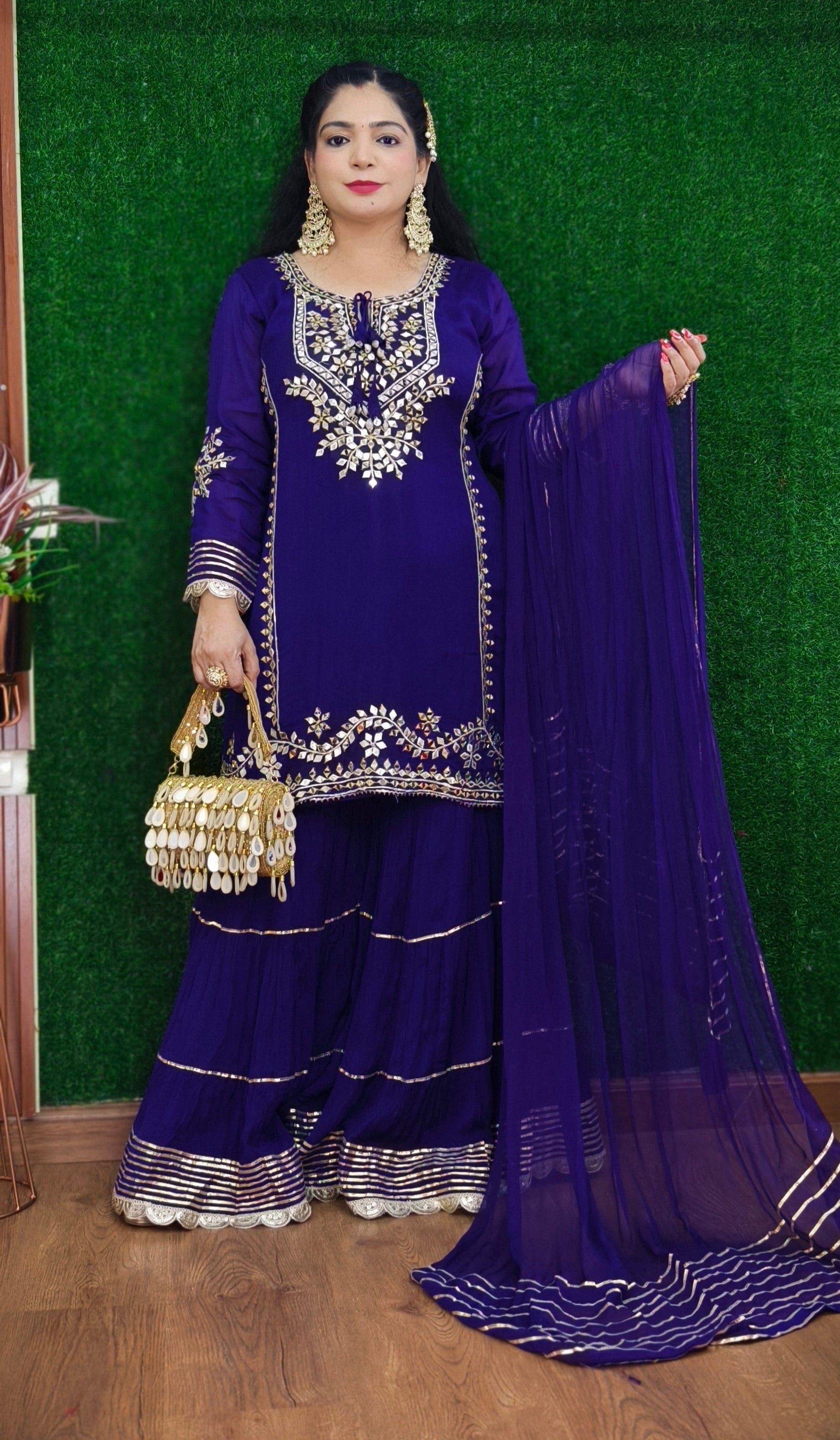 PURPLE AND PINK PREMIUM CHINON SHARARA SUIT WITH ZARI AND SEQUENCE WORK AND FULL LINING