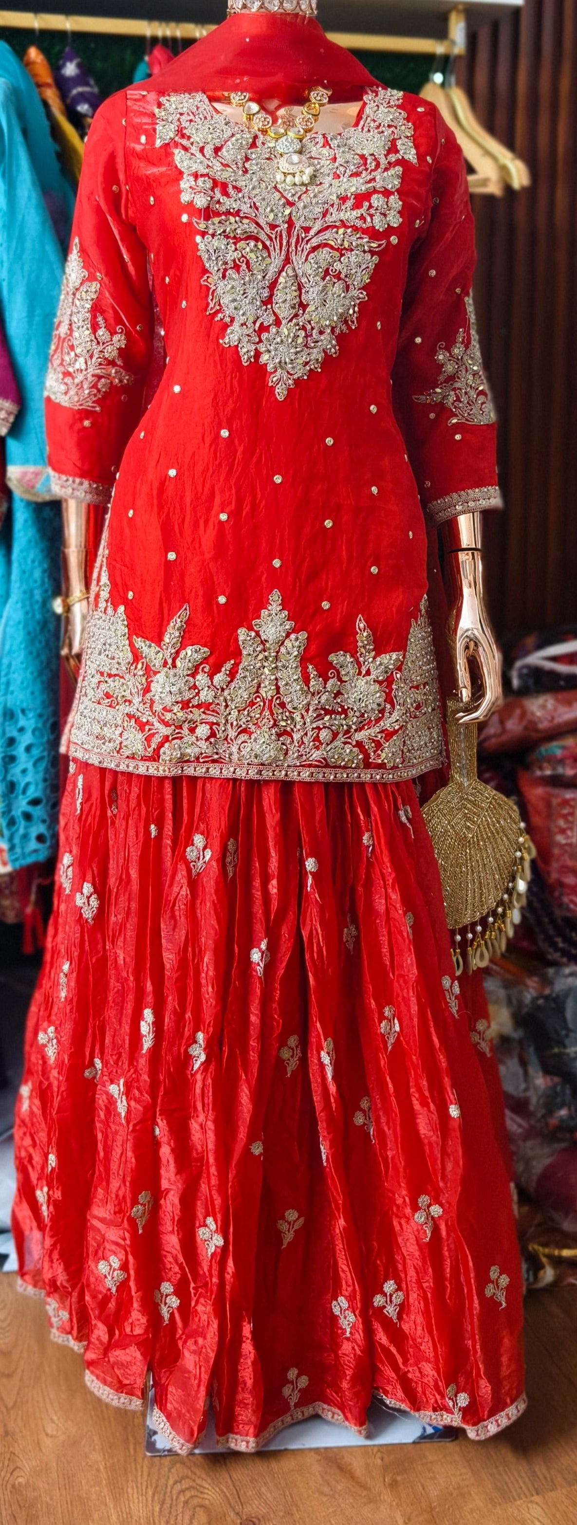 PINK AND RED PREMIUM CREPE PARTYWEAR SUIT WITH HEAVY DUPATTA AND SKIRT