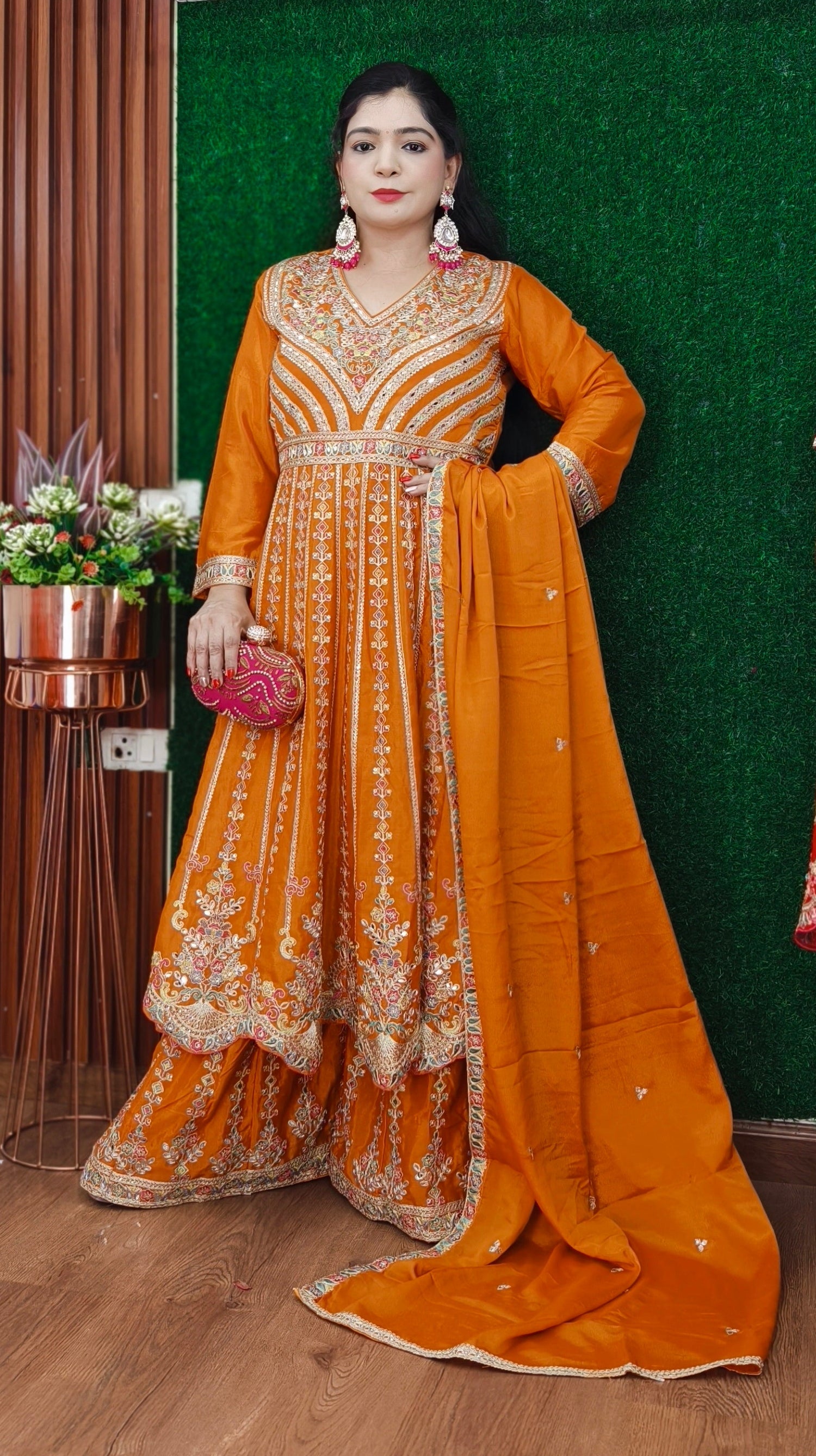 ORANGE & RED PREMIUM CHINON EMBRORAIRED SHARARA SUIT WITH FULL DUPATTA
