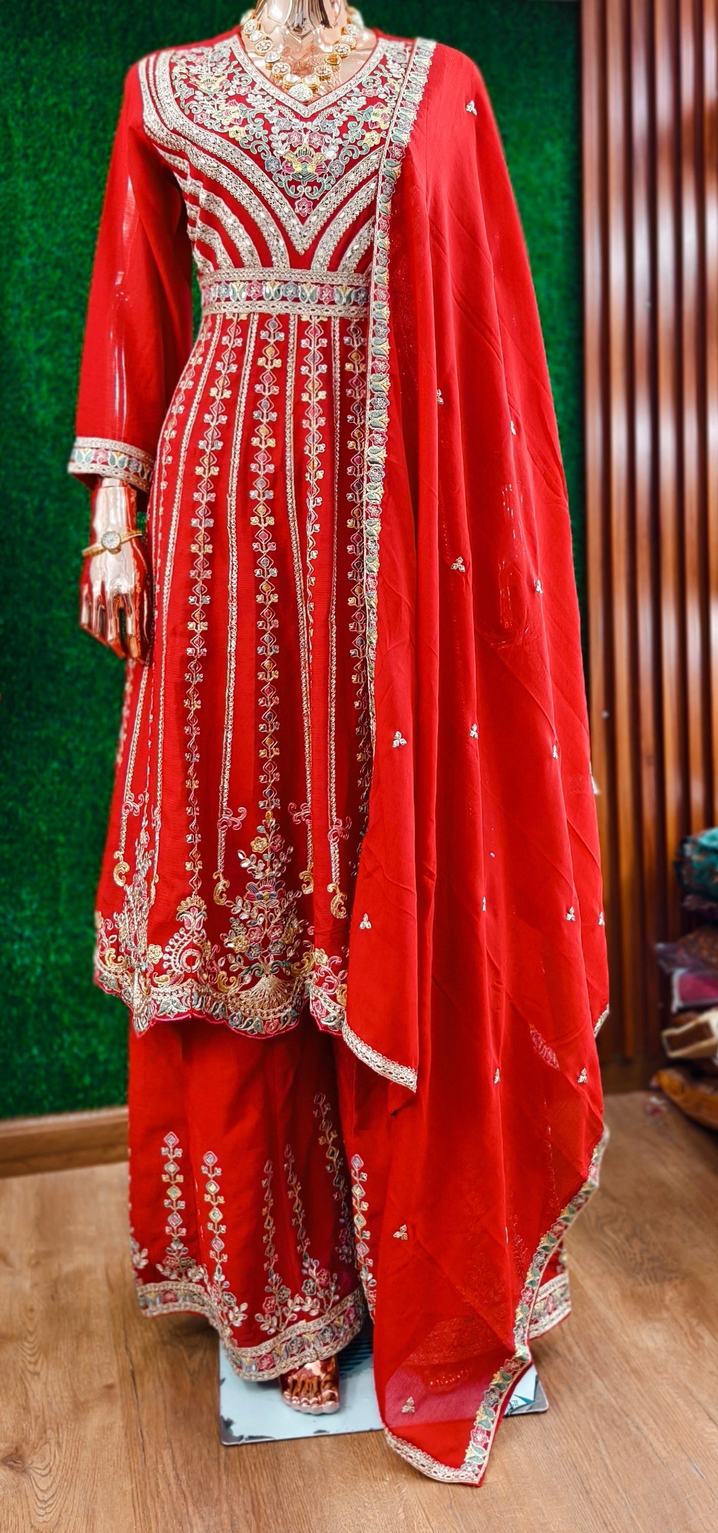 ORANGE & RED PREMIUM CHINON EMBRORAIRED SHARARA SUIT WITH FULL DUPATTA