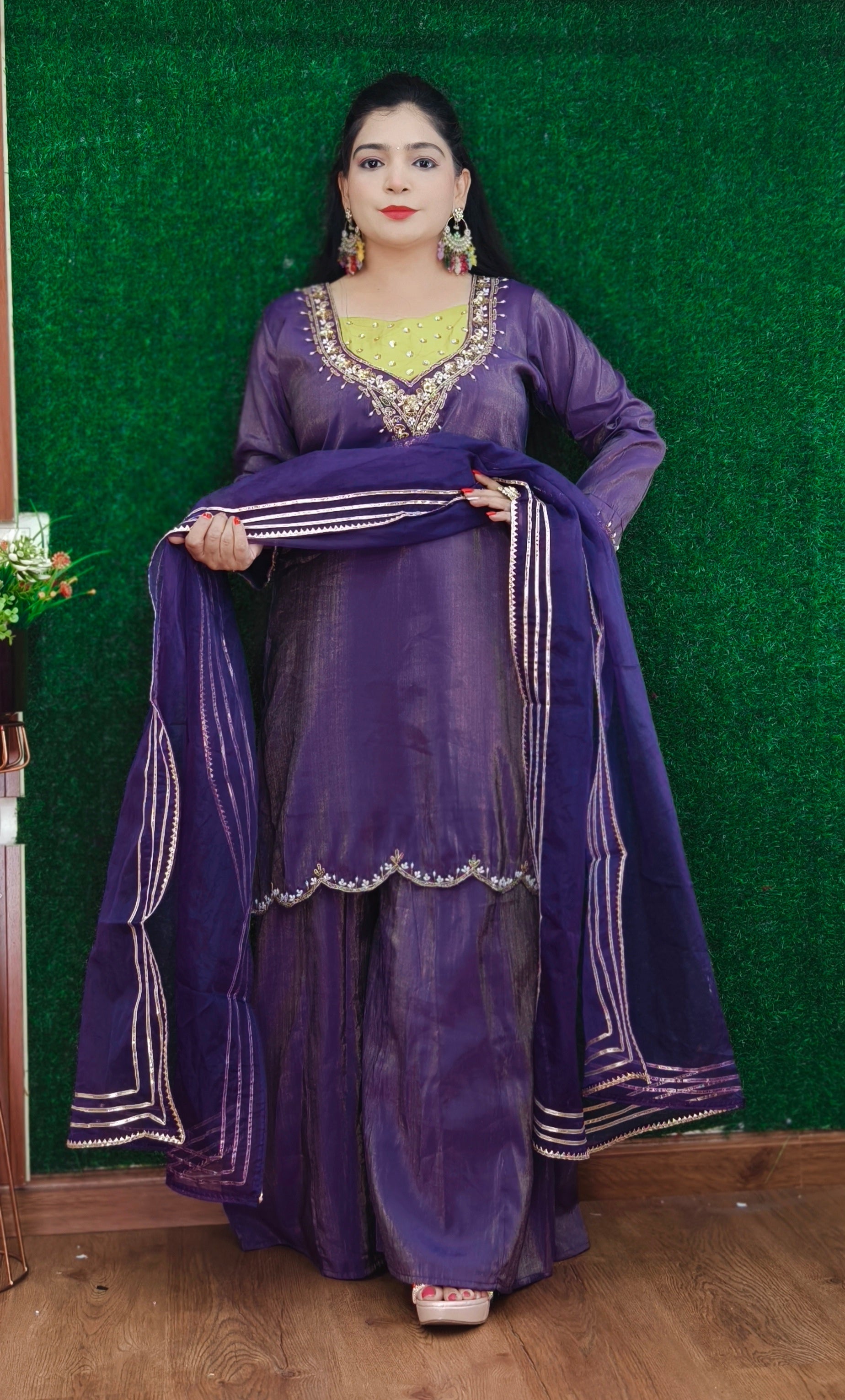 PURPLE AND PINK PARTY WEAR TISSUE FABRIC SUIT WITH PLAZO
