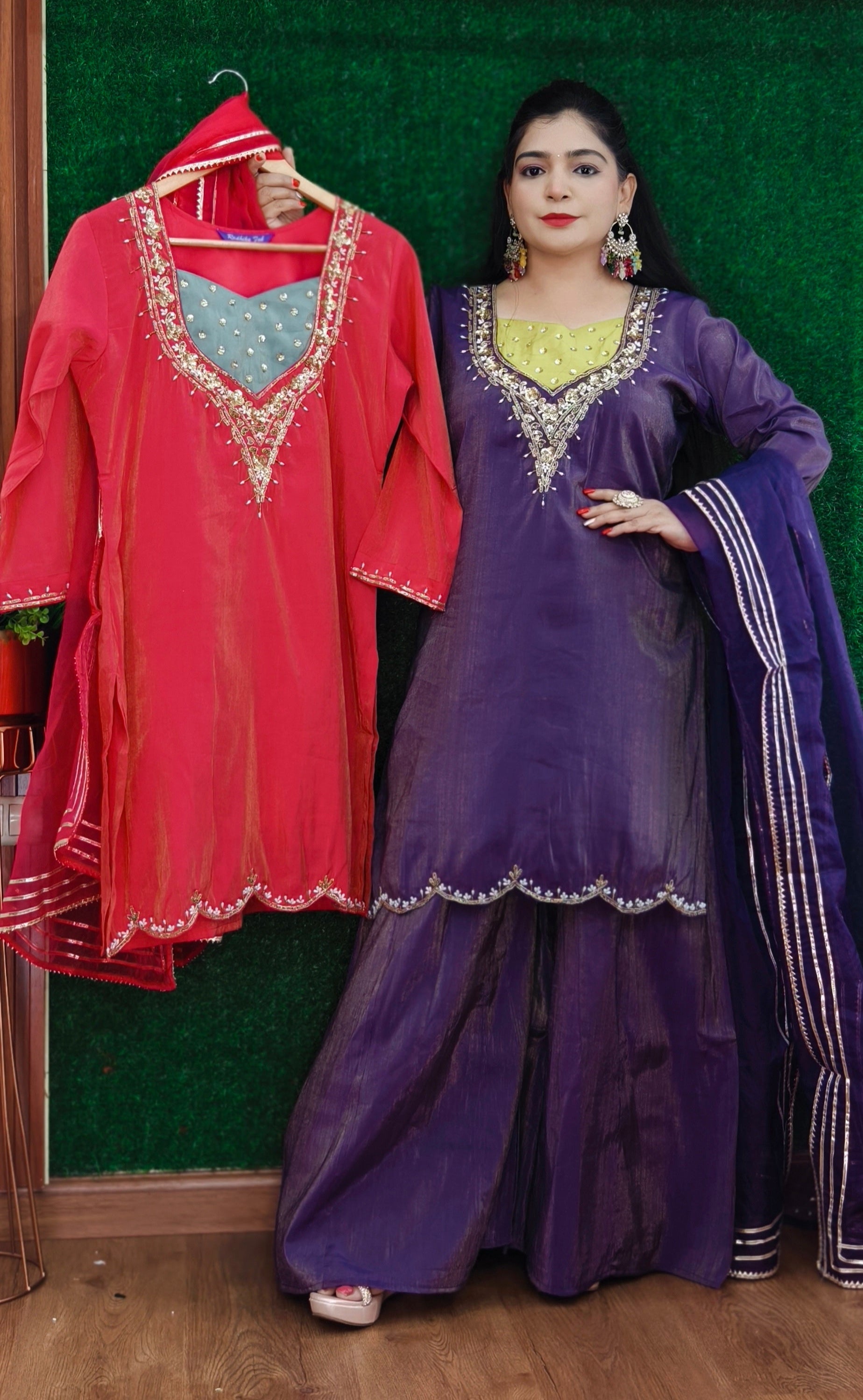 PURPLE AND PINK PARTY WEAR TISSUE FABRIC SUIT WITH PLAZO