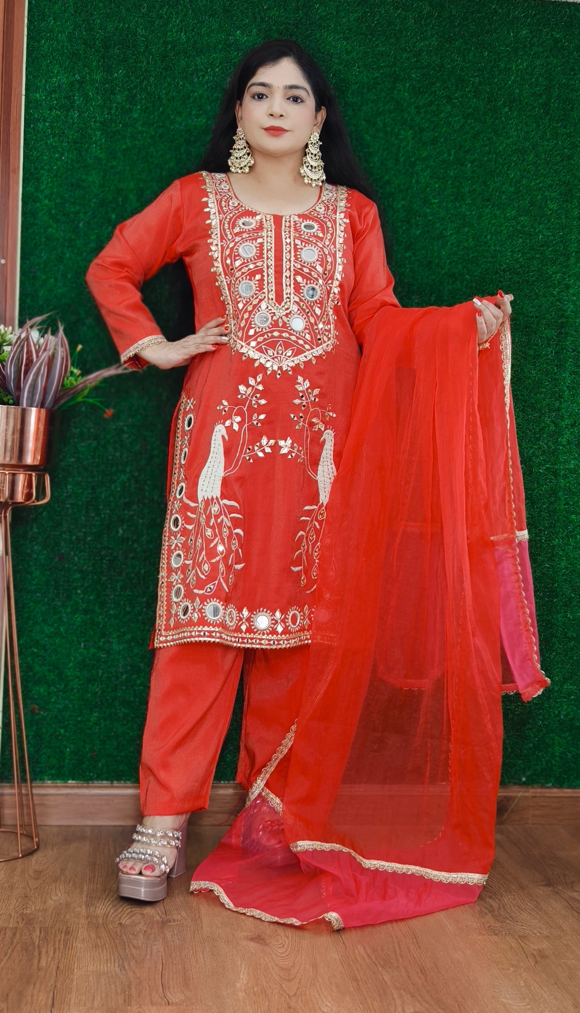 RUST AND PINK PARTY WEAR TISSUE FABRIC SUIT WITH PANT