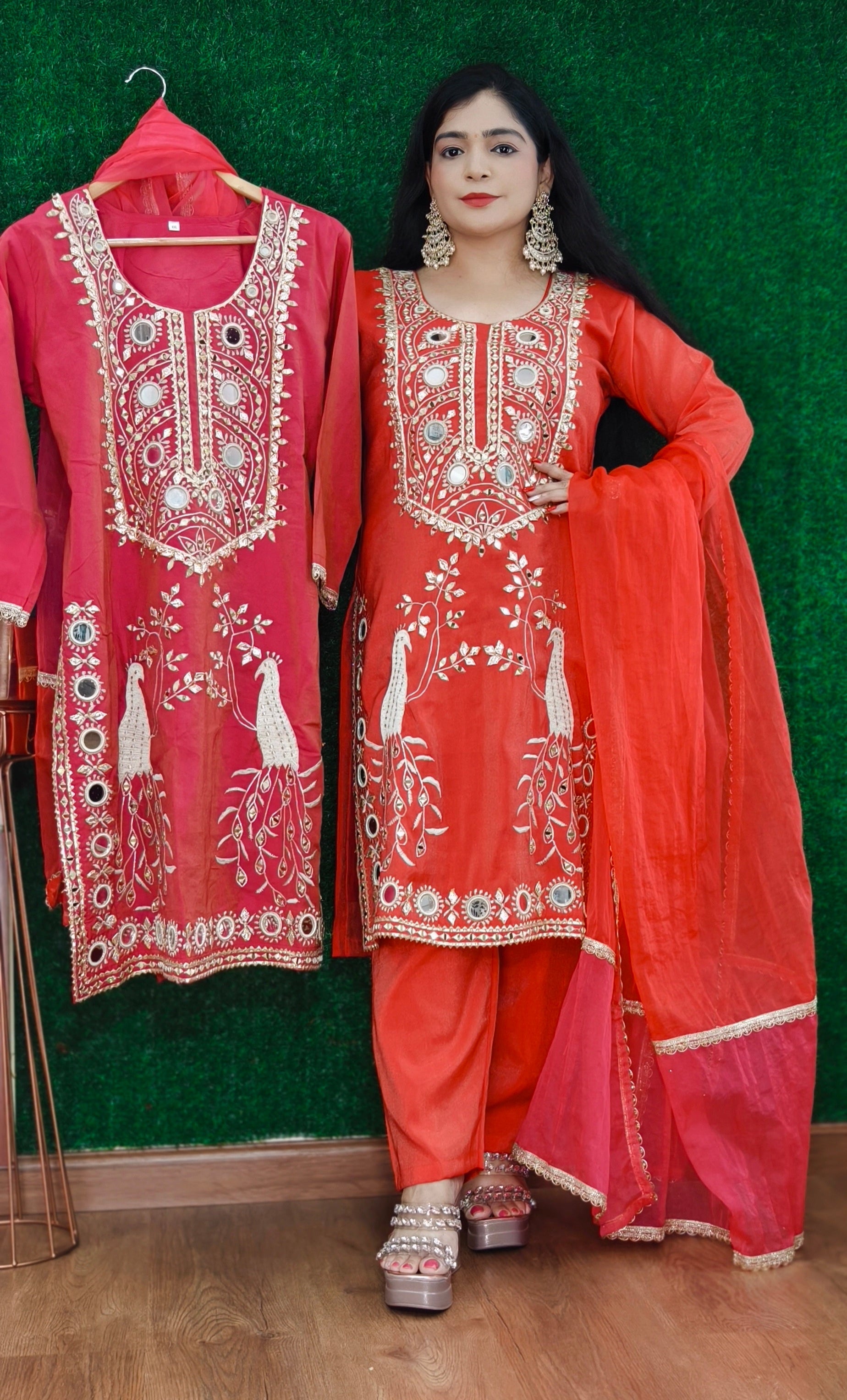 RUST AND PINK PARTY WEAR TISSUE FABRIC SUIT WITH PANT