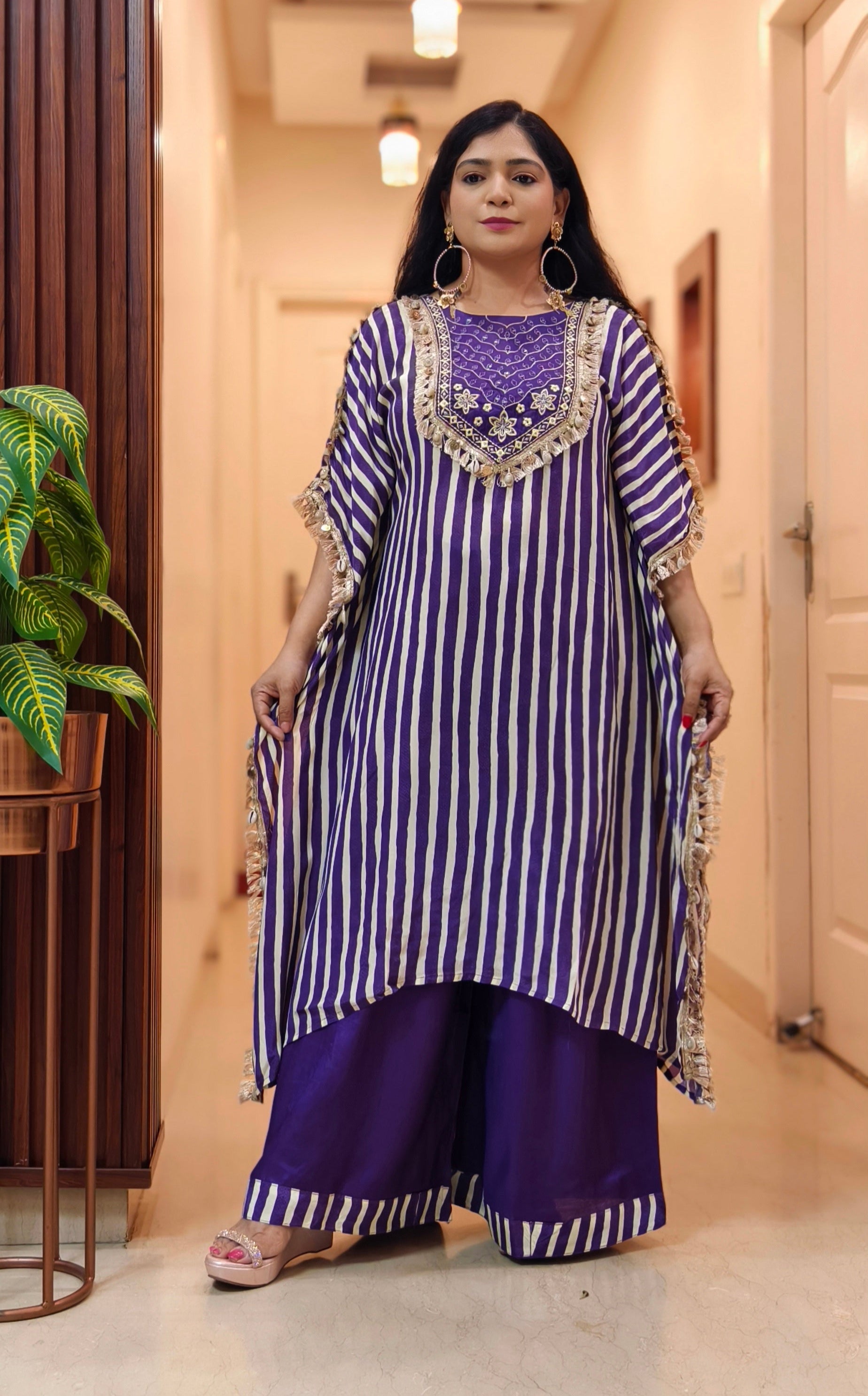 PURPLE AND FIROZI PREMIUM CREPE DESIGNER PARTY WEAR KAFTAN WITH FULL HANDWORK AND PLAZO