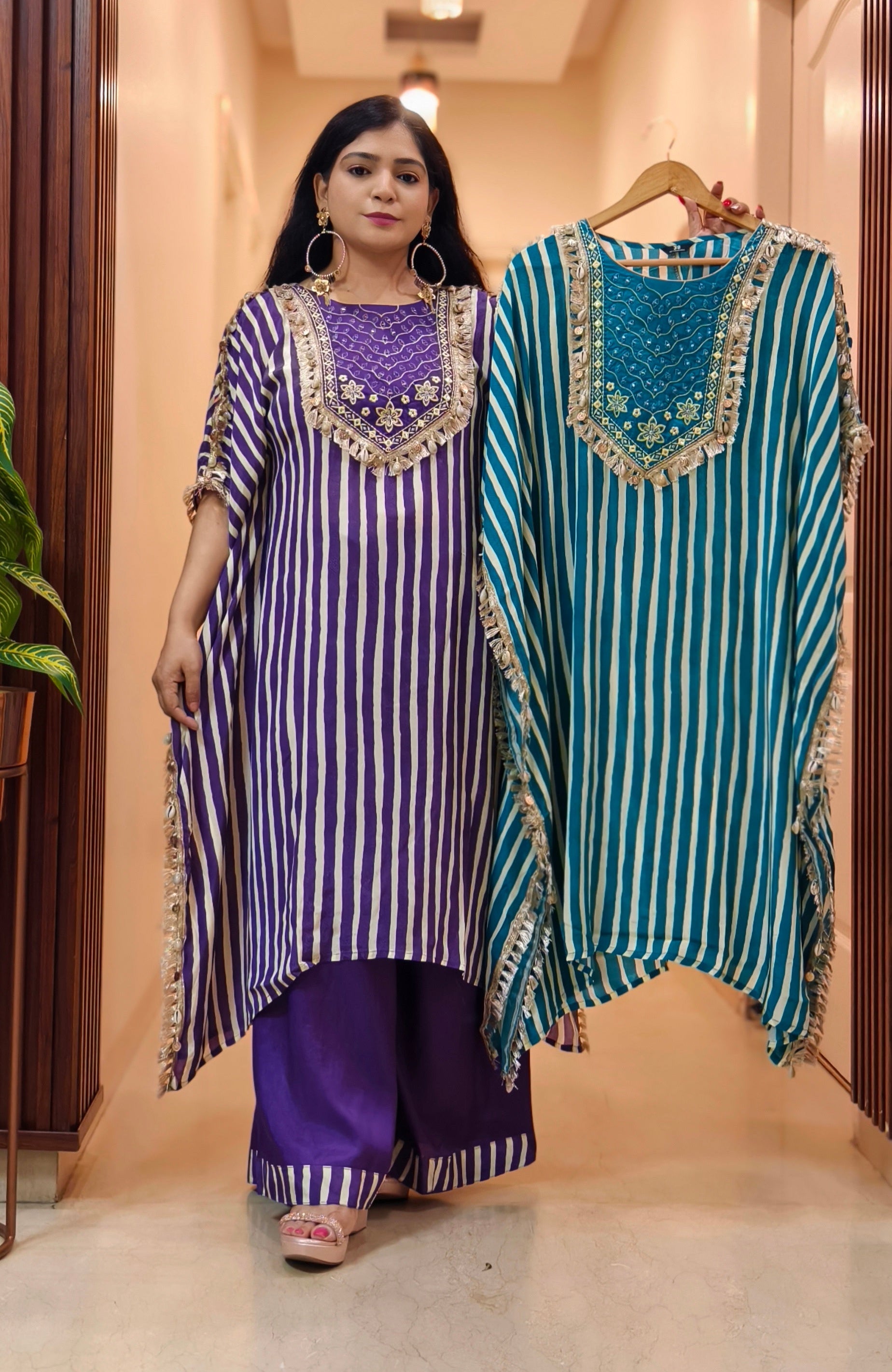 PURPLE AND FIROZI PREMIUM CREPE DESIGNER PARTY WEAR KAFTAN WITH FULL HANDWORK AND PLAZO