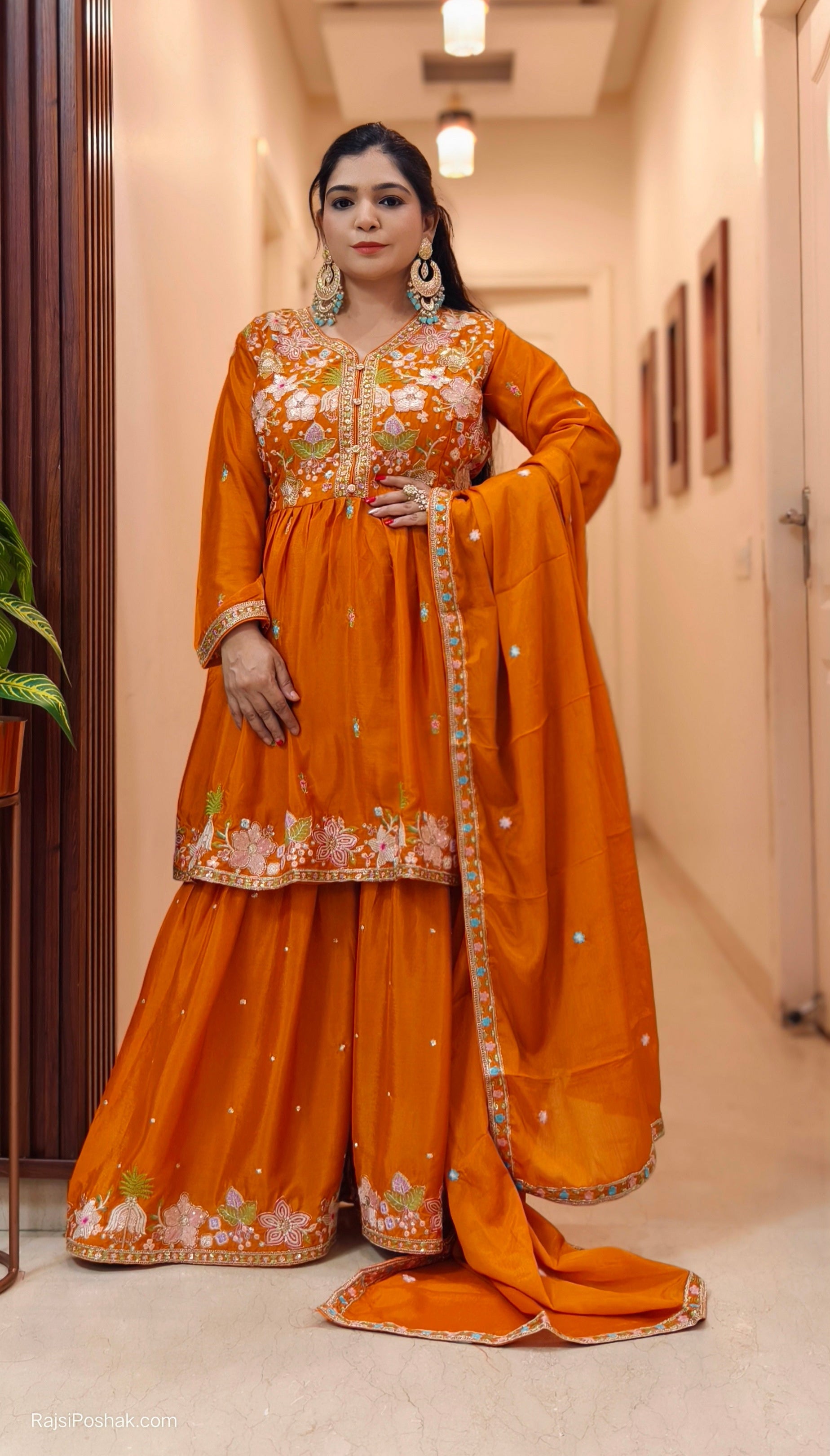 PINK AND ORANGE PREMIUM CHINON EMBRORAIRED PEPLUM SHARARA SUIT WITH FULL DUPATTA