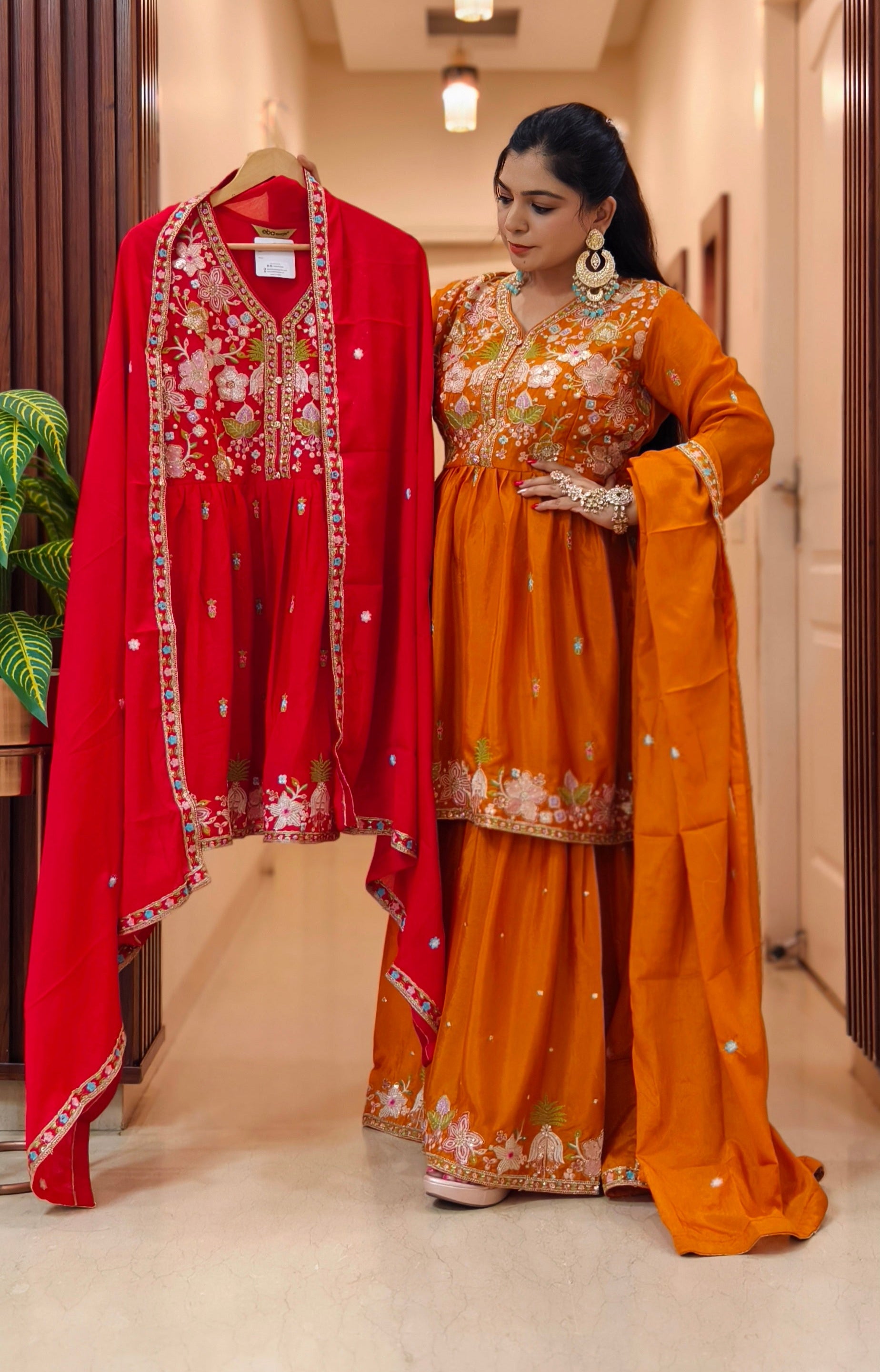 PINK AND ORANGE PREMIUM CHINON EMBRORAIRED PEPLUM SHARARA SUIT WITH FULL DUPATTA