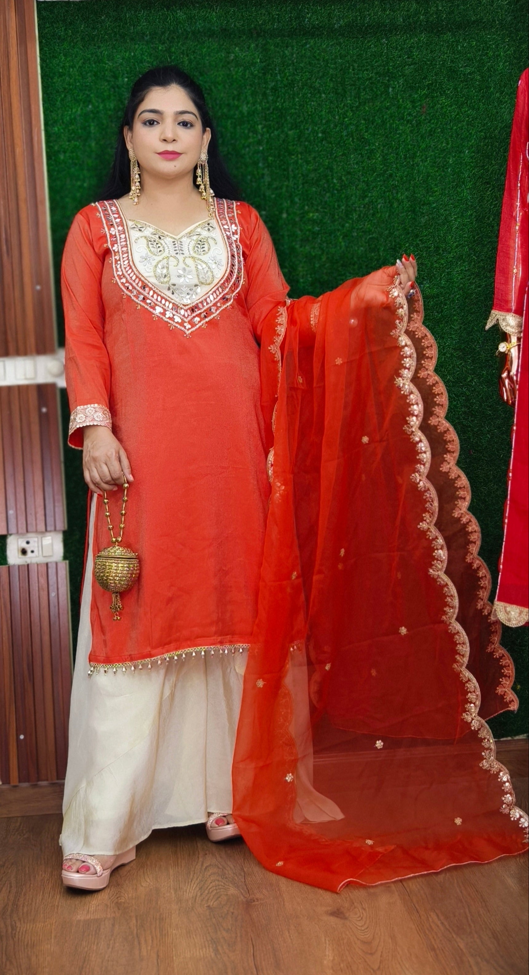 RUST AND PINK PARTY WEAR TISSUE FABRIC SUIT WITH PLAZO