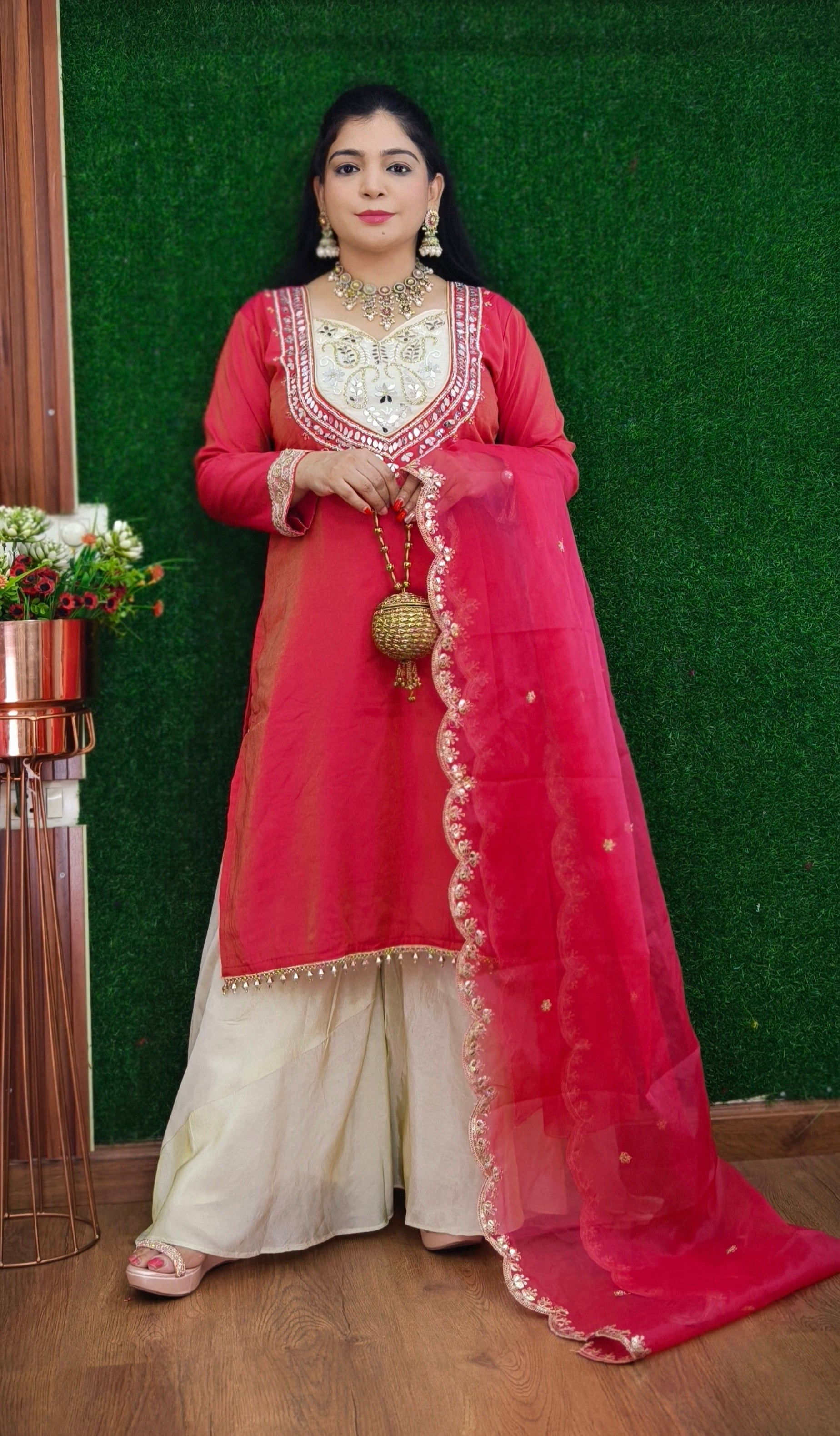 RUST AND PINK PARTY WEAR TISSUE FABRIC SUIT WITH PLAZO