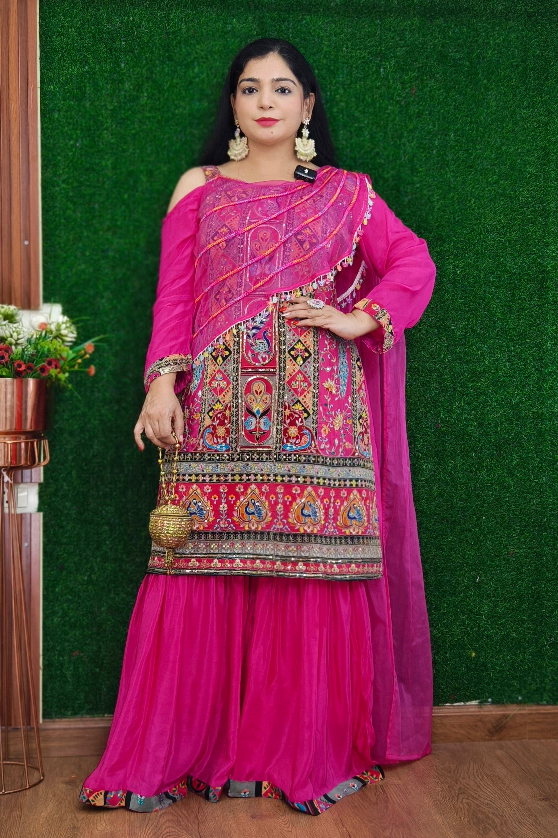 PINK AND FIROZI FLORAL CREPE SUIT WITH PLAZO AND ATTACHED DESIGNER DUPATTA