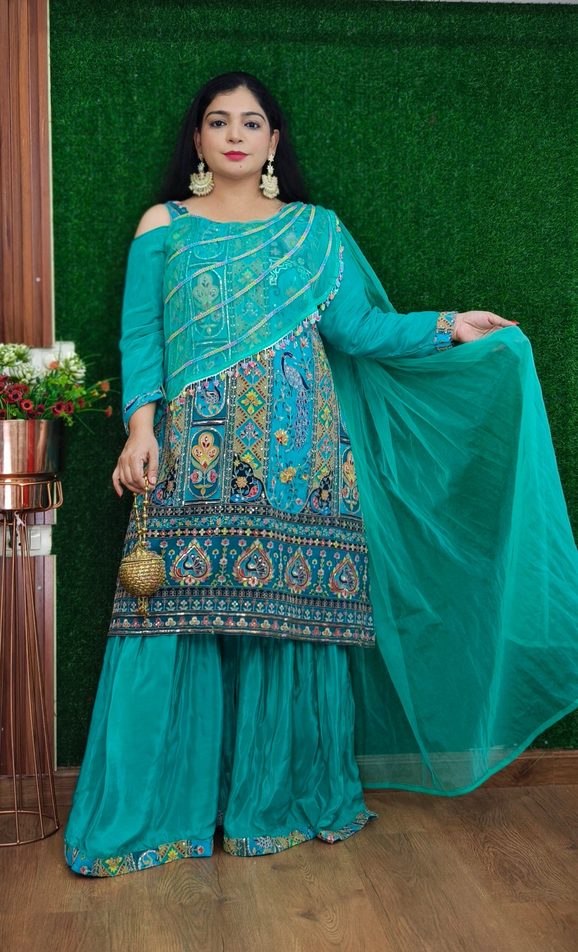 PINK AND FIROZI FLORAL CREPE SUIT WITH PLAZO AND ATTACHED DESIGNER DUPATTA