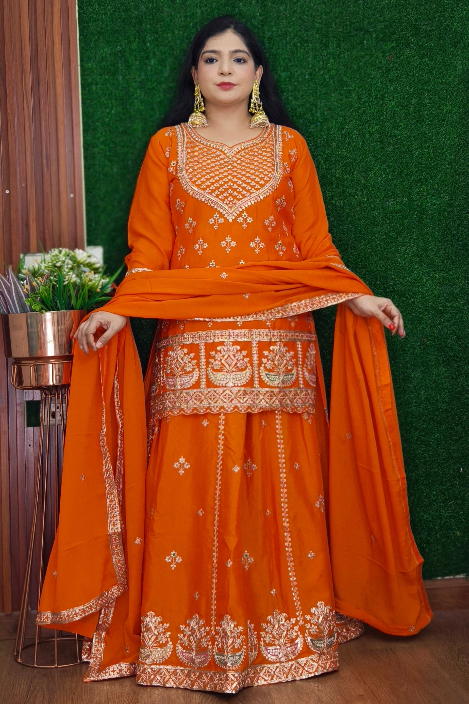 ORANGE,FIROZI AND RED PREMIUM CHINON SUIT WITH HEAVY DUPATTA AND SKIRT