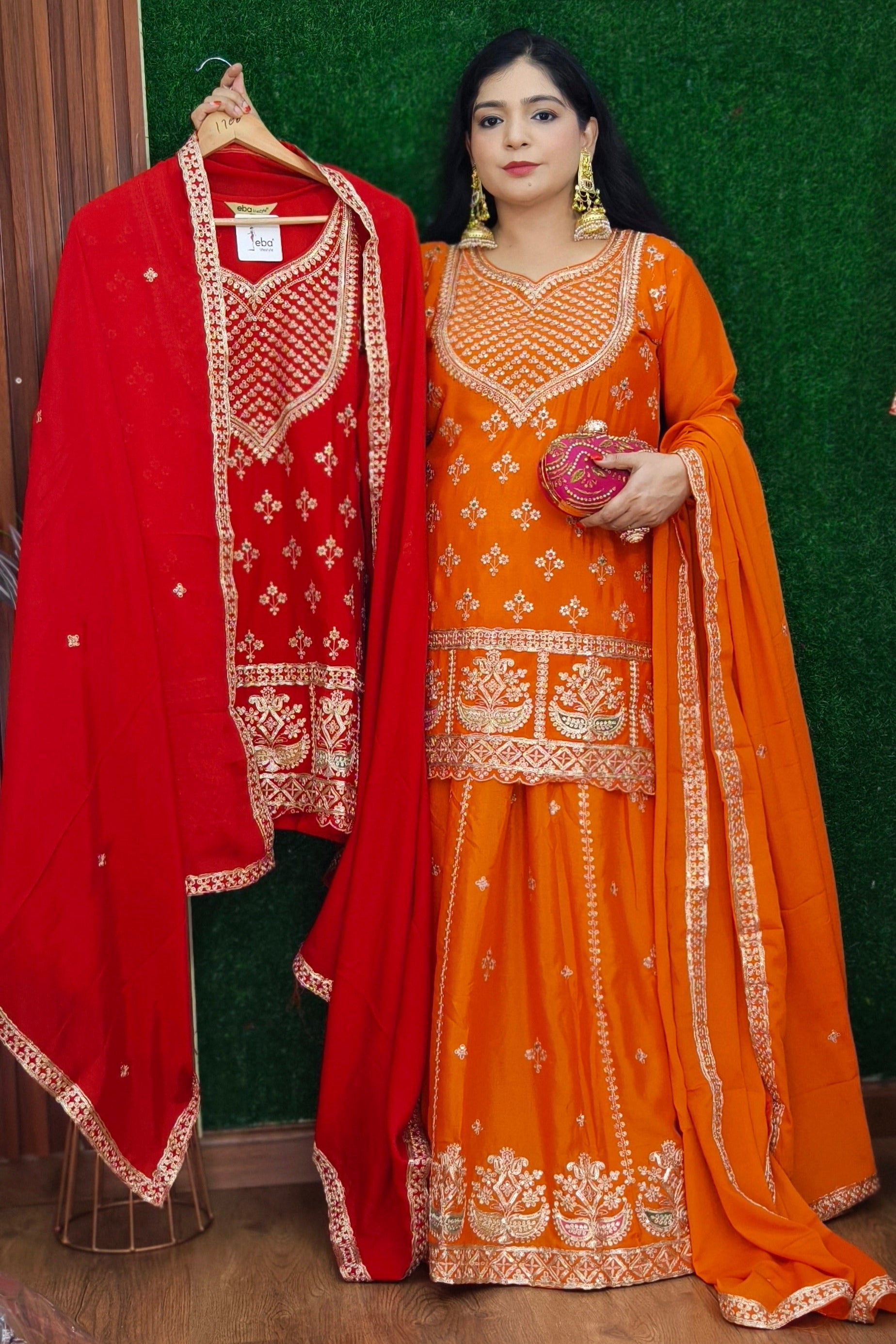 ORANGE,FIROZI AND RED PREMIUM CHINON SUIT WITH HEAVY DUPATTA AND SKIRT