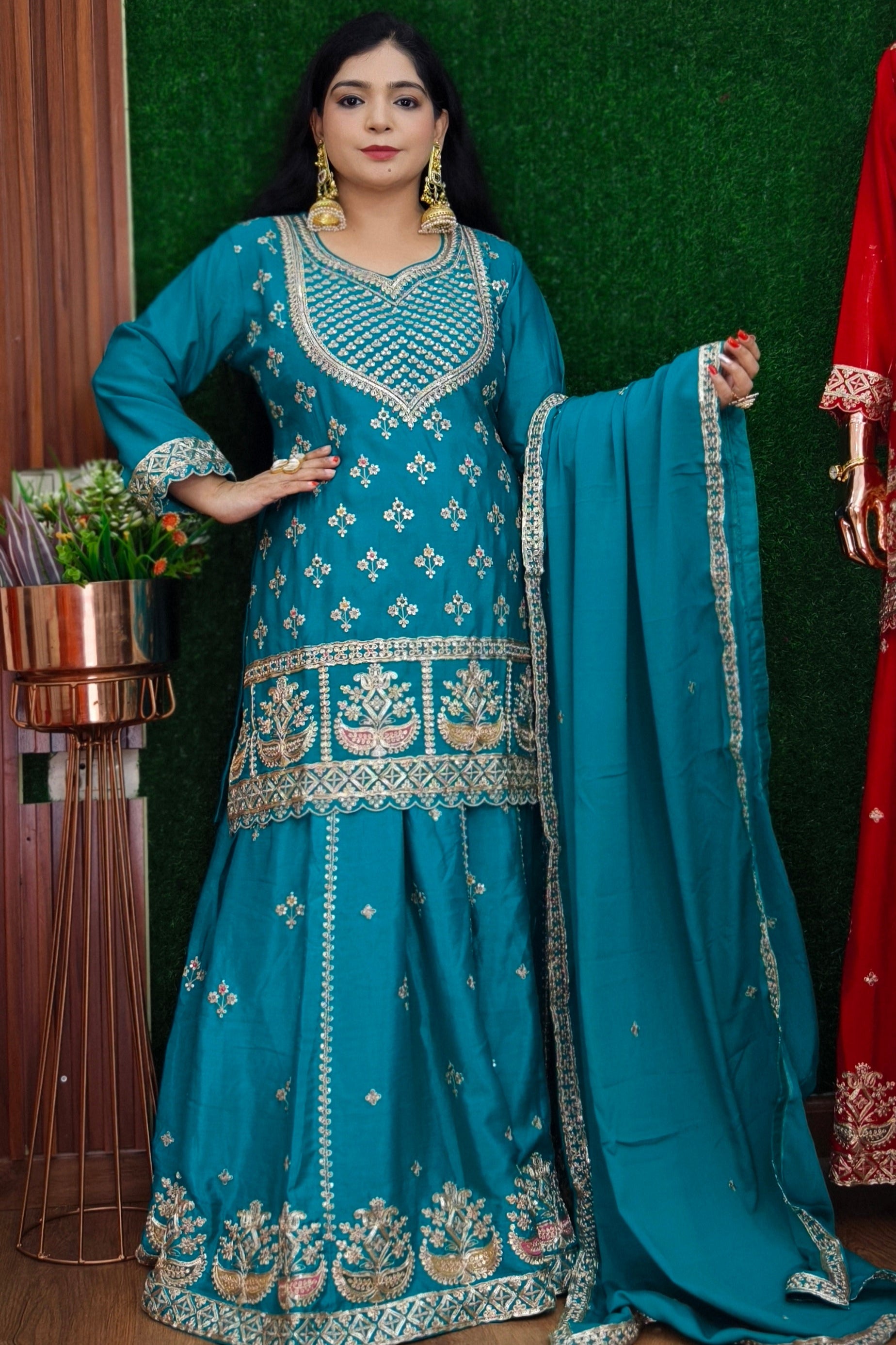ORANGE,FIROZI AND RED PREMIUM CHINON SUIT WITH HEAVY DUPATTA AND SKIRT